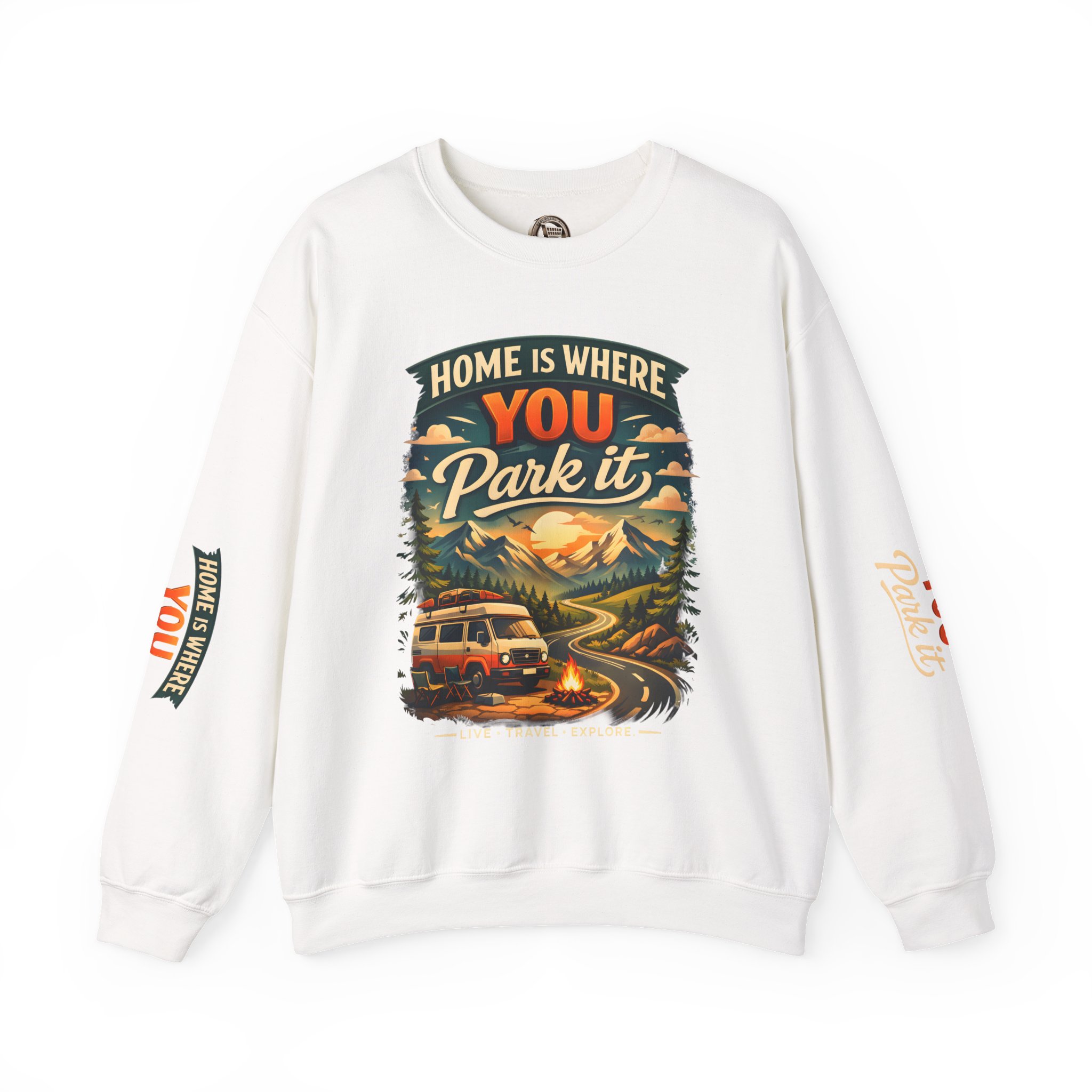 Unisex Heavy Blend™ Crewneck Sweatshirt — "Home Is Where You Park It" Design Scenic-Line
