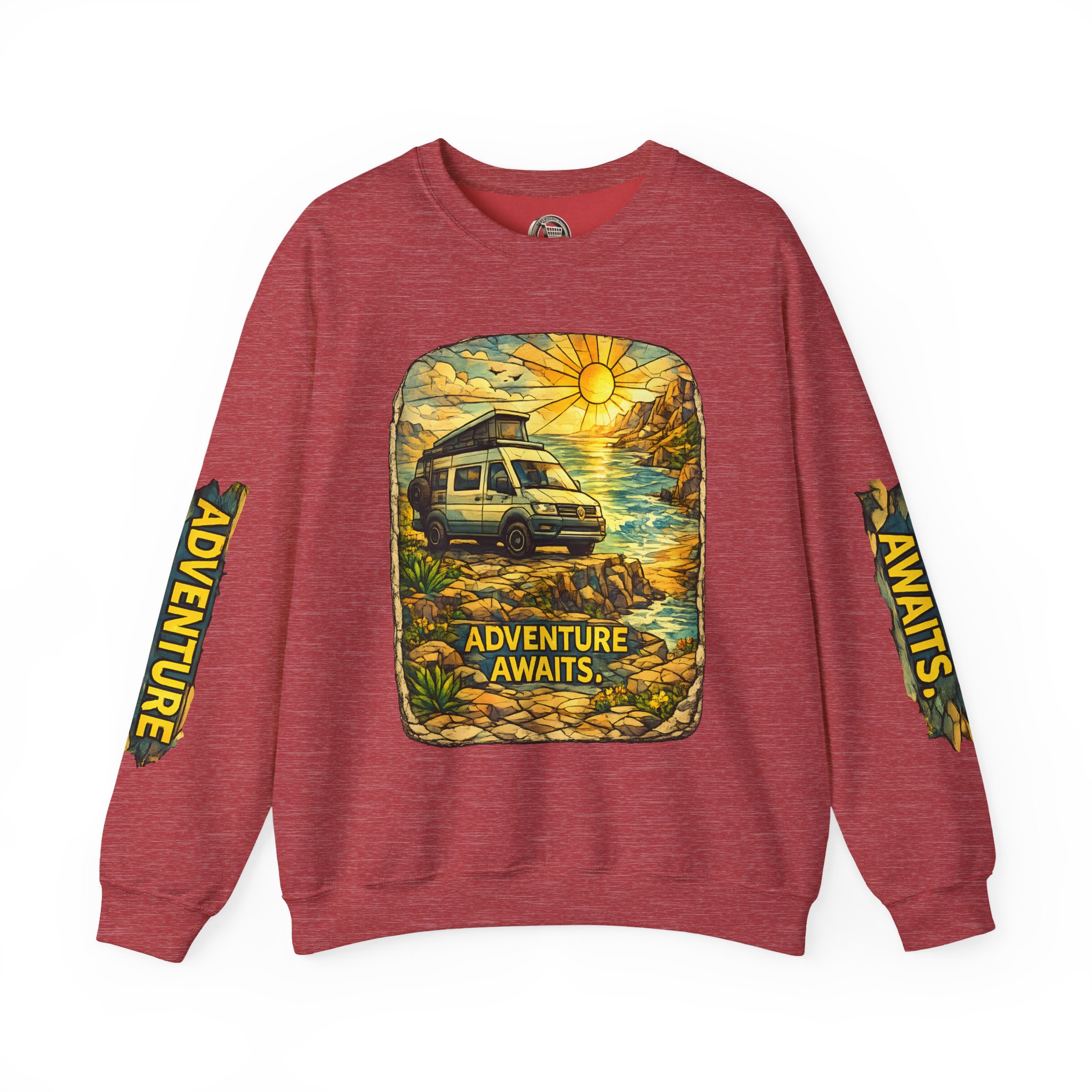 Unisex Heavy Blend™ Crewneck Sweatshirt — "Adventure Awaits" Design Cubic-Line