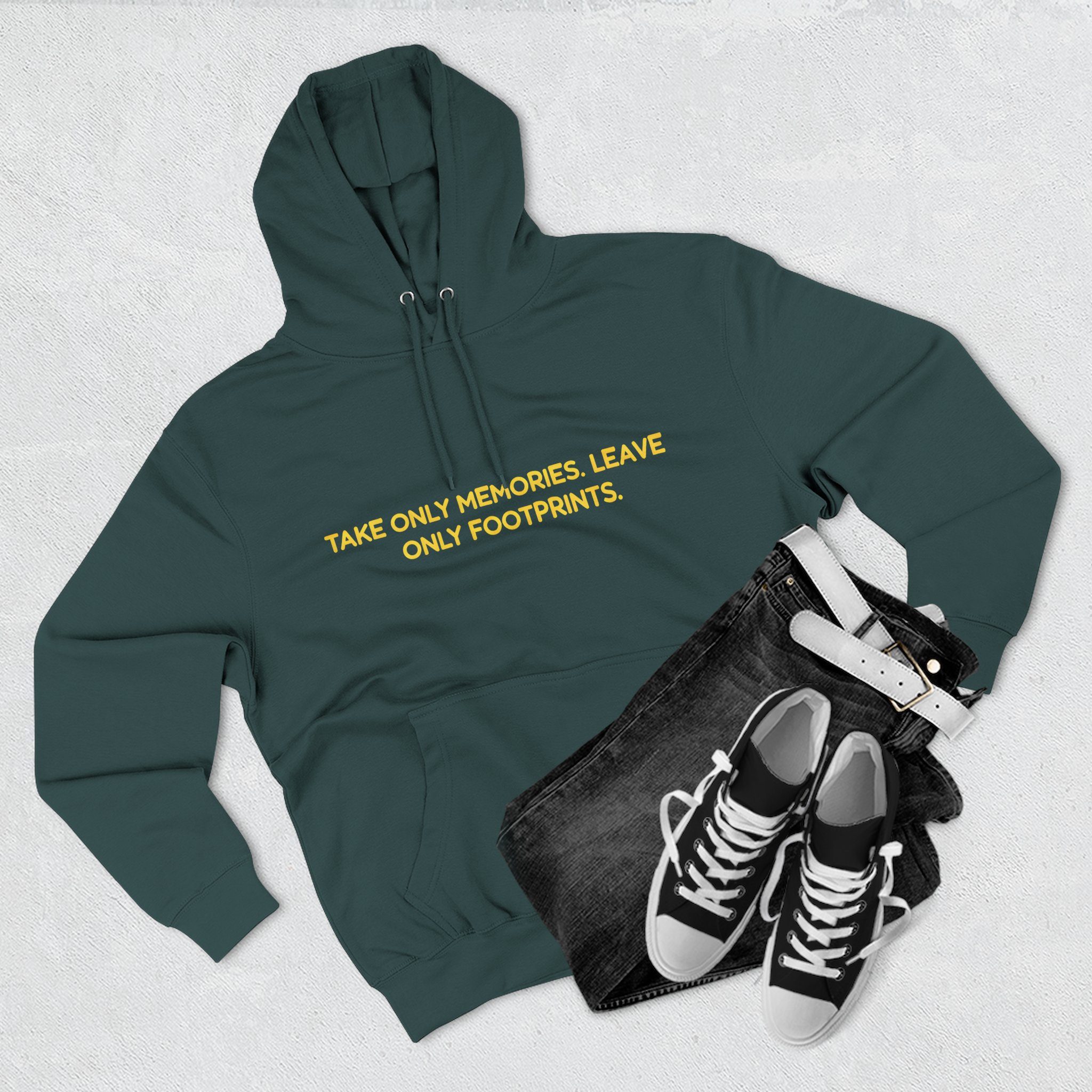 6486152513973205943_2048.jpeg Three-Panel Fleece Hoodie - "Take Only Memories-Leave Only Footprints" Design Sitcom-Line