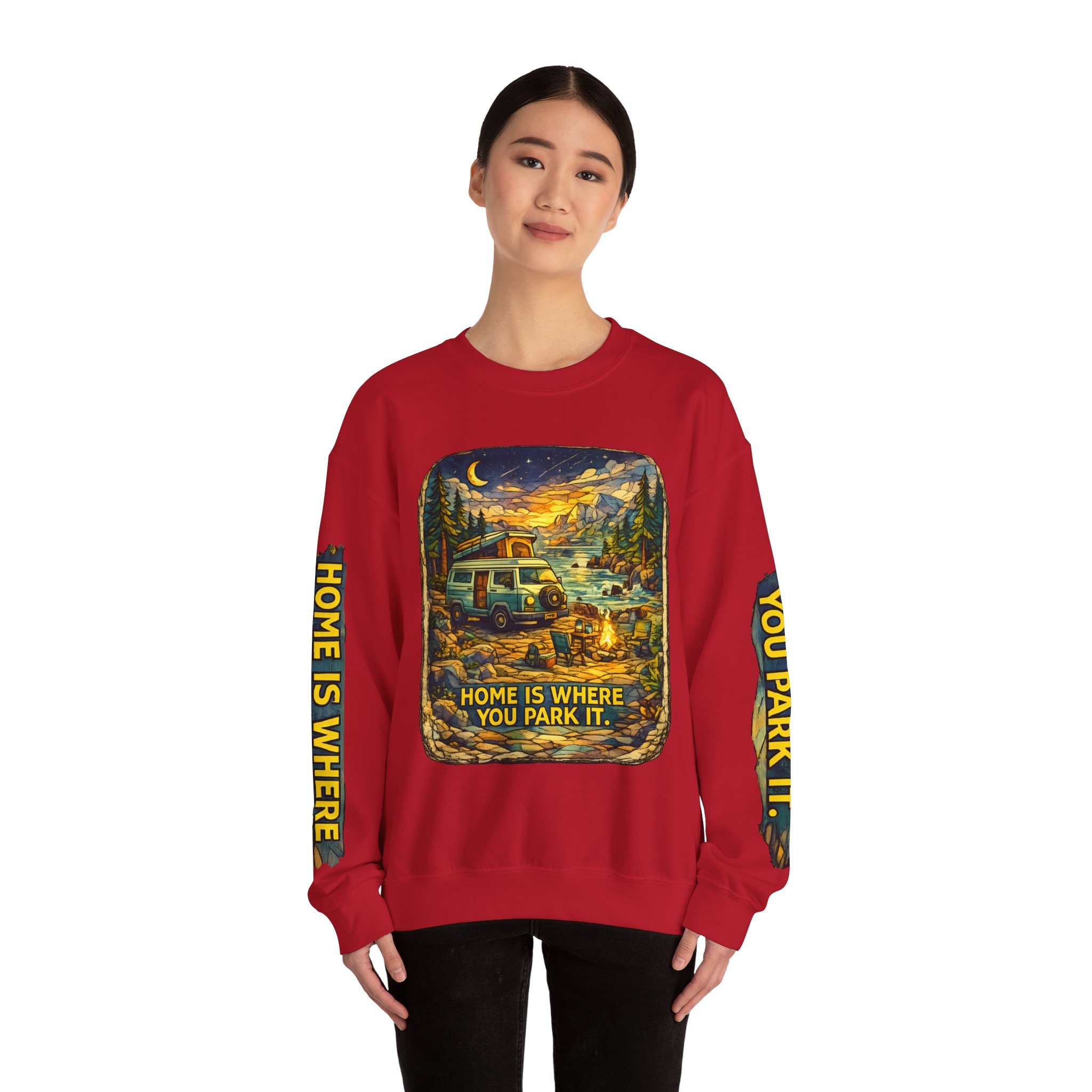Unisex Heavy Blend™ Crewneck Sweatshirt — "Home Is Where You Park It" Design Cubic-Line