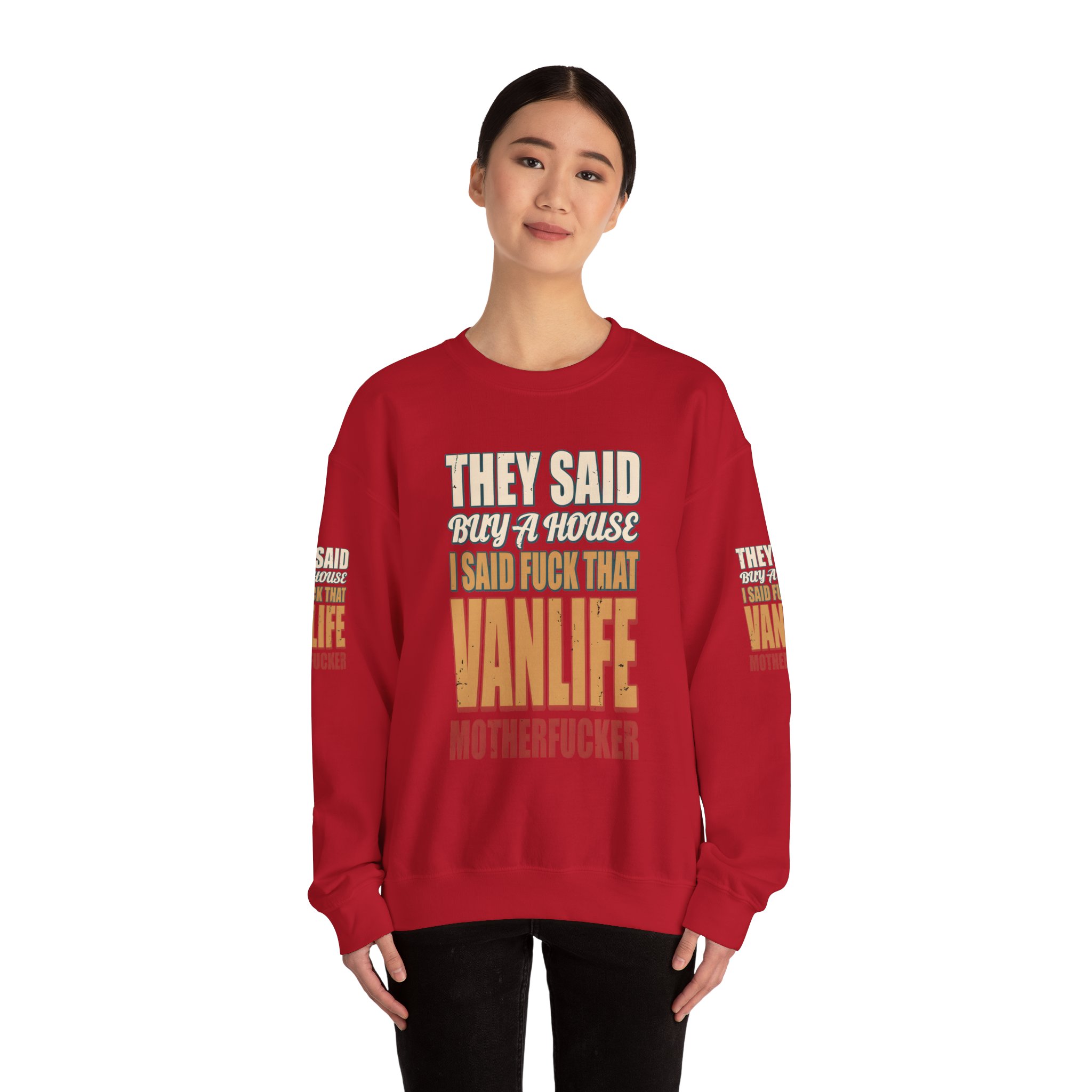 Unisex Heavy Blend™ Crewneck Sweatshirt — "They Said Buy A House" Design F**K-Line