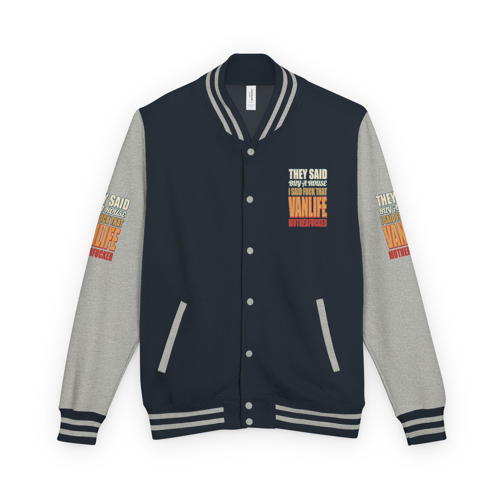 Unisex Heavyweight Letterman Jacket — "They Said Buy A House" Design F**K-Line