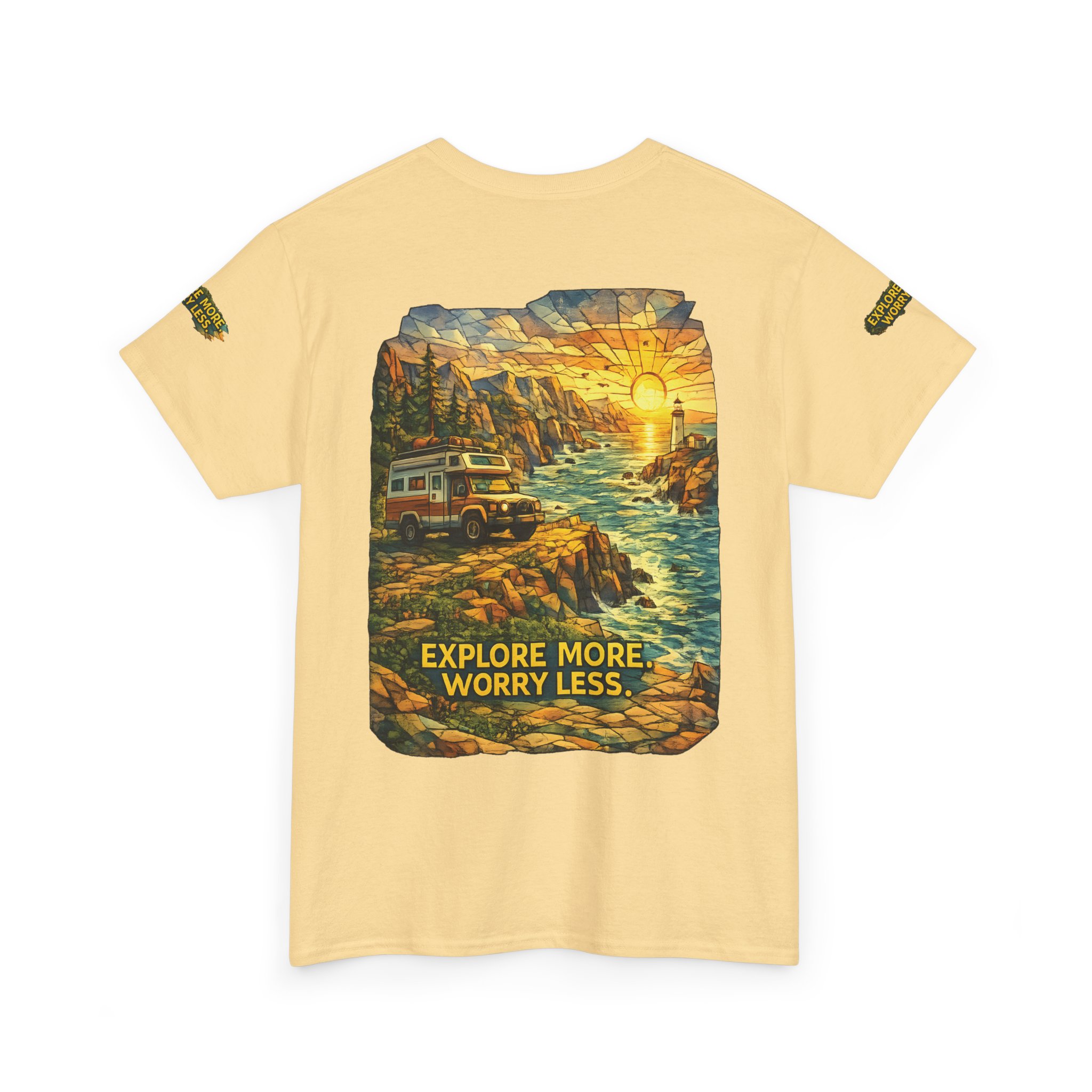 Unisex Heavy Cotton Tee — "Explore More Worry Less" Design Cubic-Line