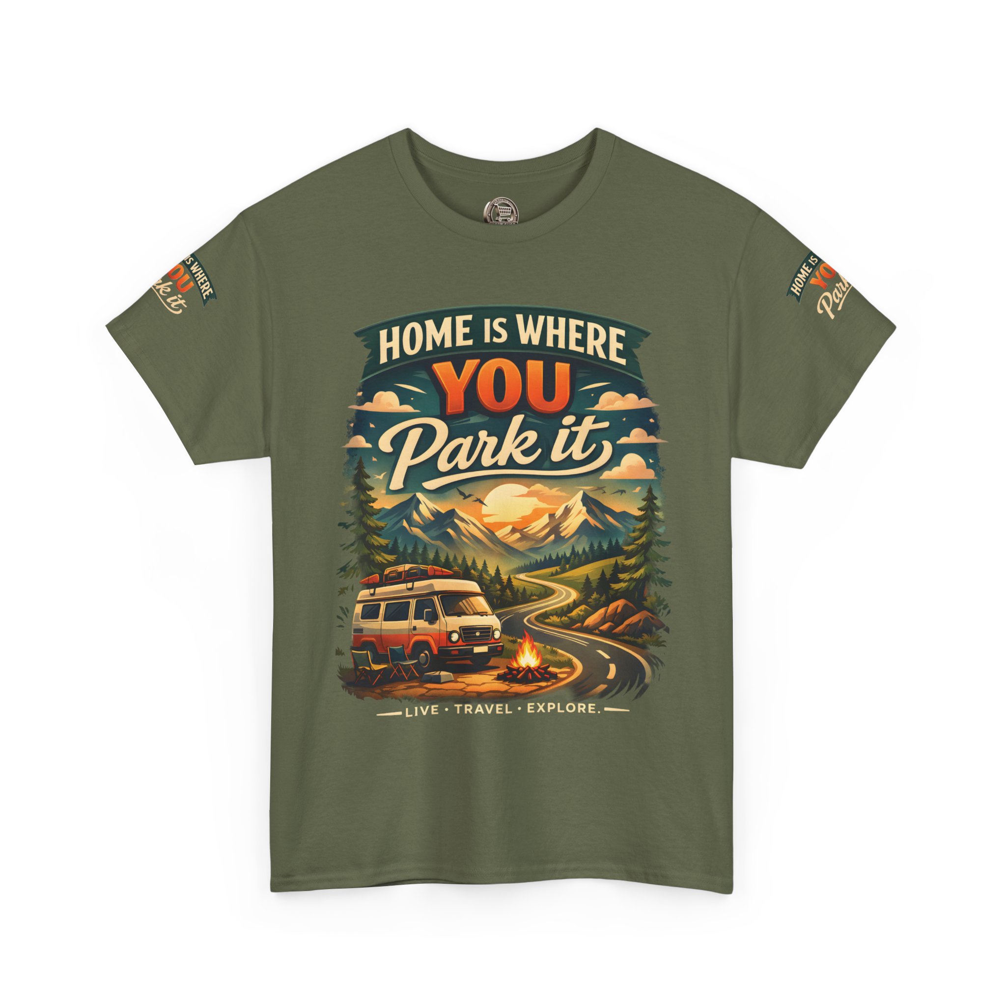 Unisex Heavy Cotton Tee — "Hom Is Where You Park It" Design Scenic-Line