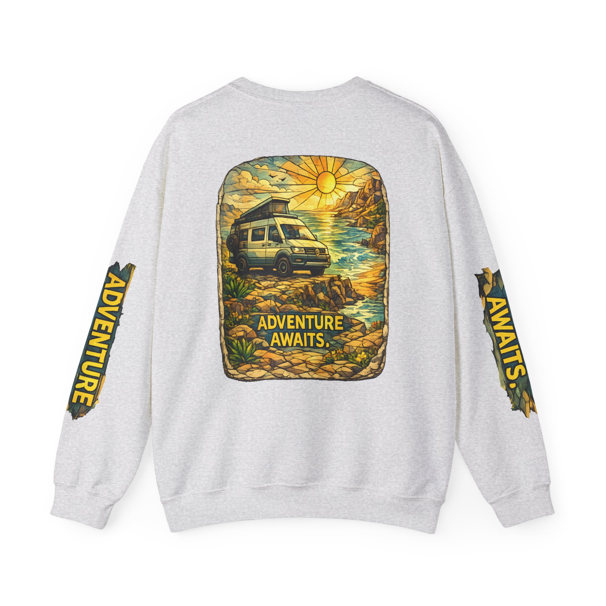 Unisex Heavy Blend™ Crewneck Sweatshirt — "Adventure Awaits" Design Cubic-Line