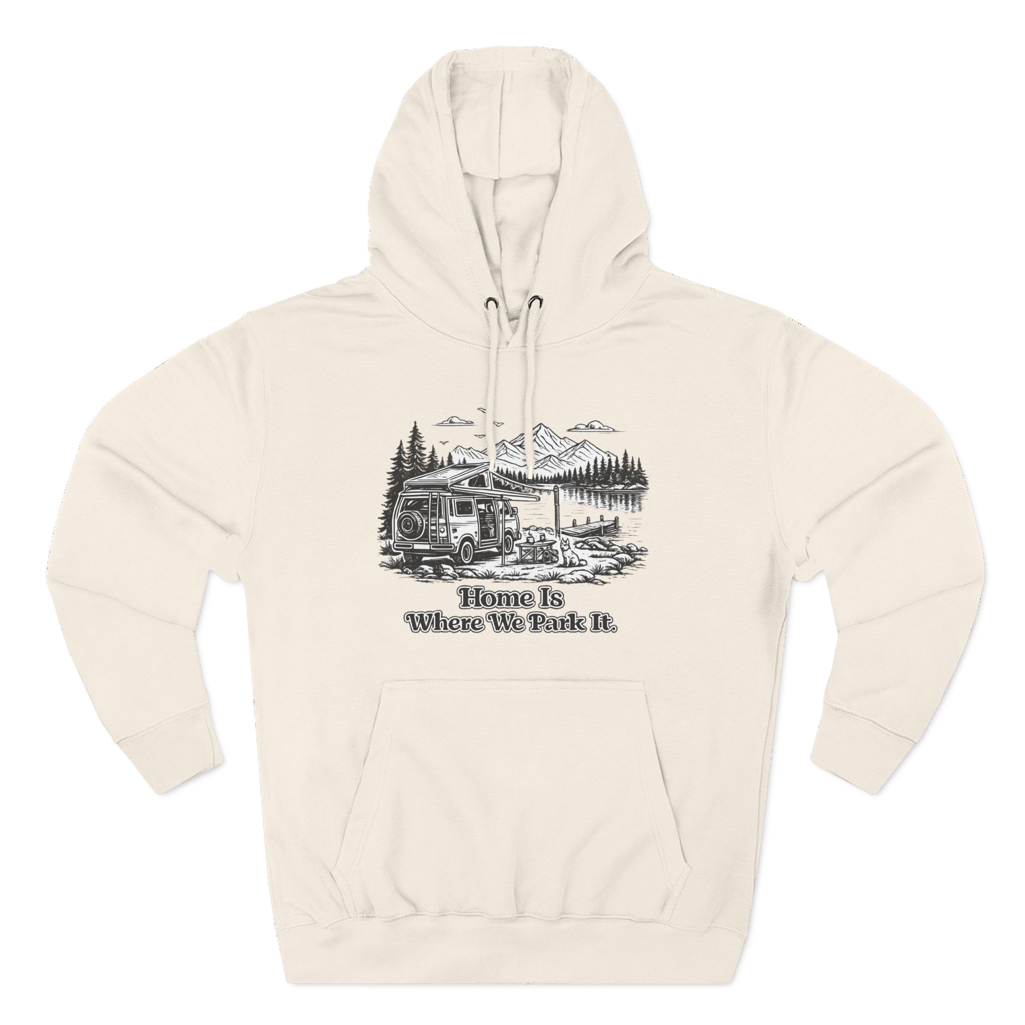 Three-Panel Fleece Hoodie - "Home Is Where You Park It" Design Minimal-Line