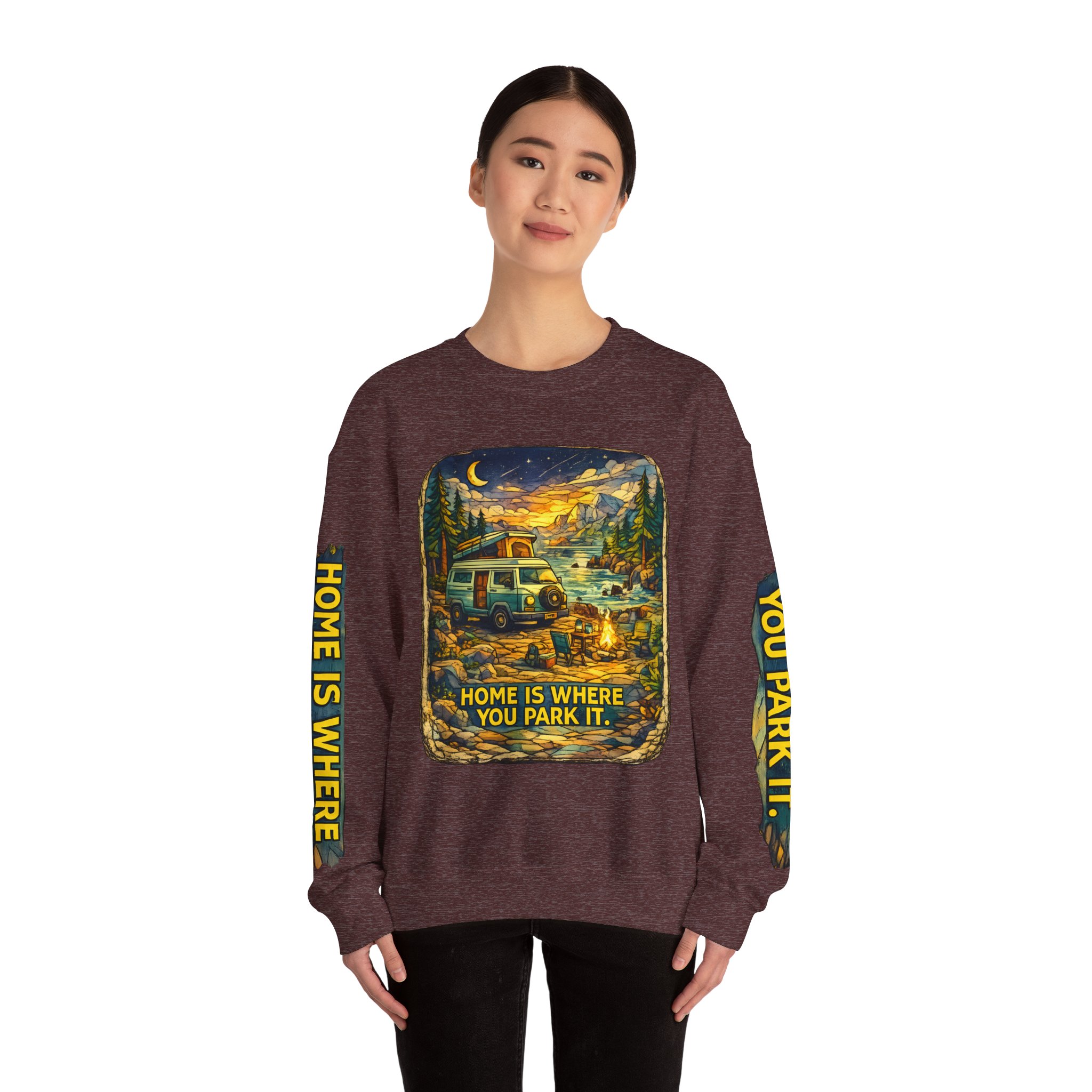 Unisex Heavy Blend™ Crewneck Sweatshirt — "Home Is Where You Park It" Design Cubic-Line