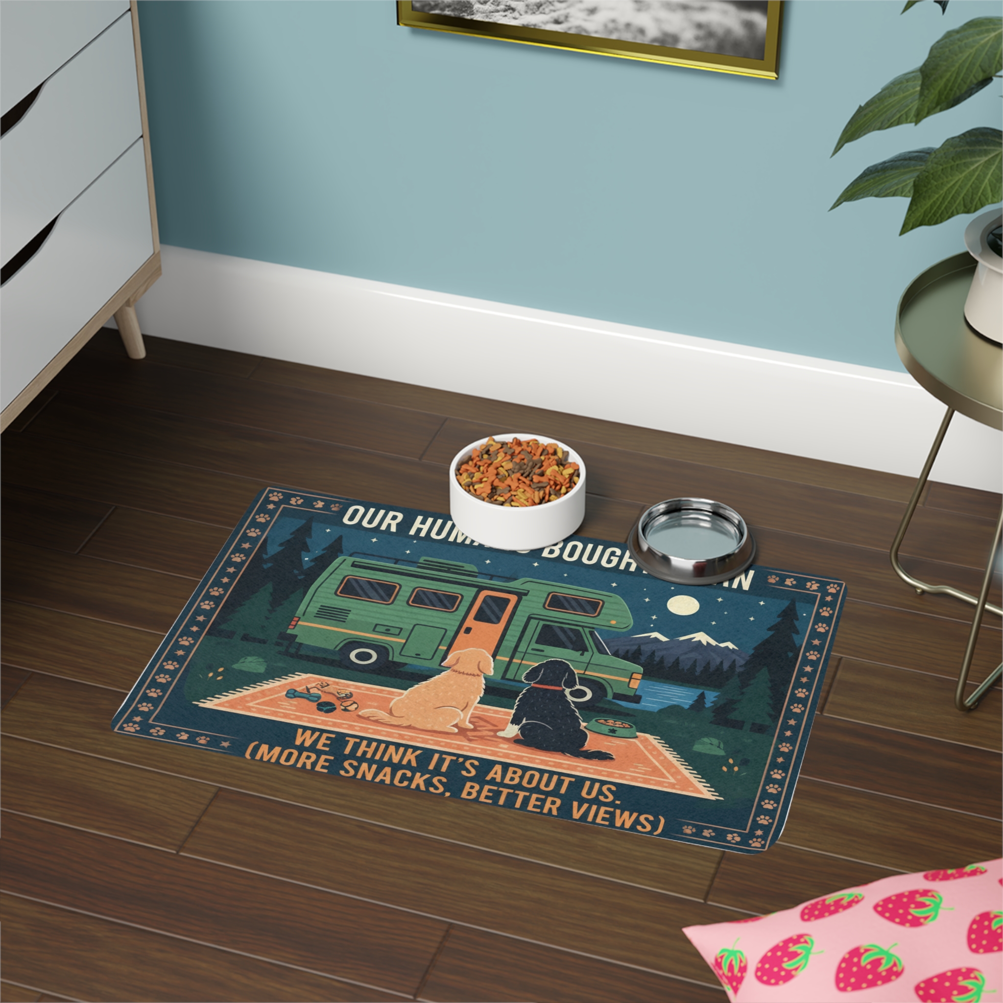 Pet Food Mat — "Our Humans Bought a Van" Camping Dog Bowl Mat (12x18)