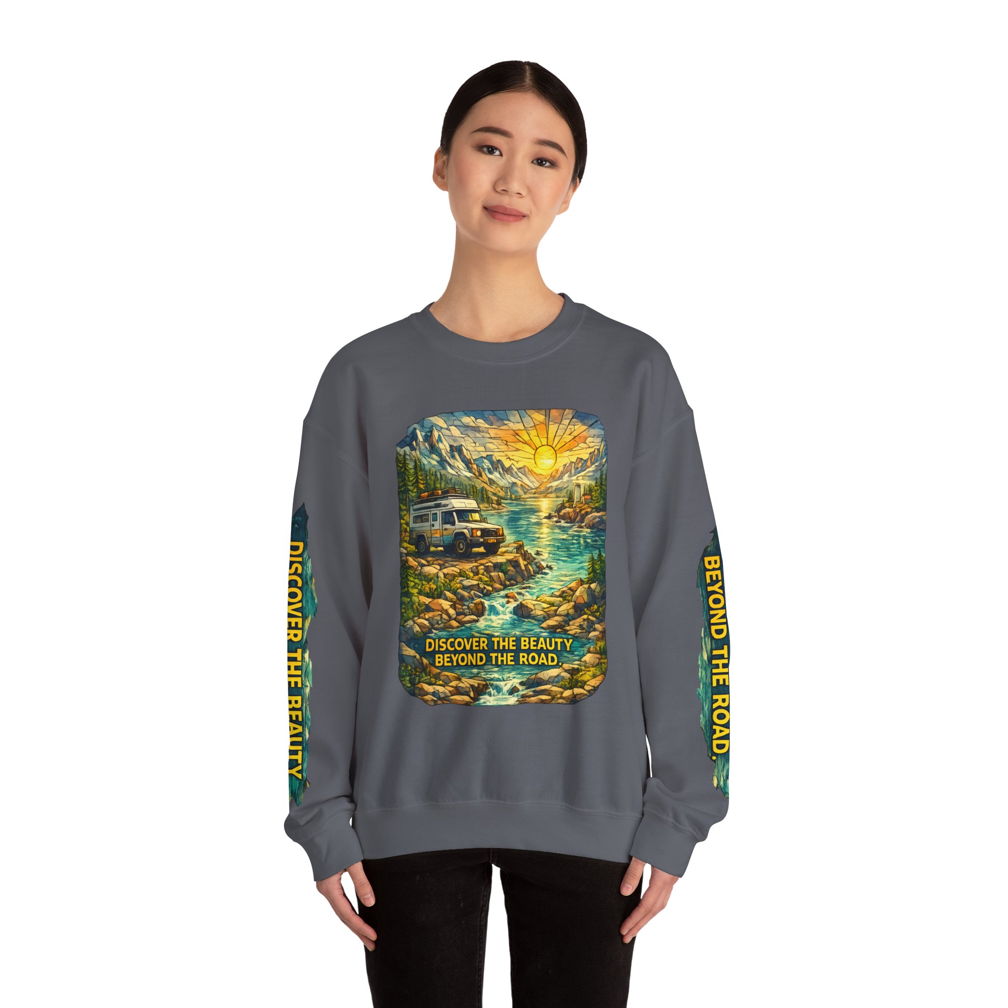 Unisex Heavy Blend™ Crewneck Sweatshirt — "Discover The Bieuty Beyond The Road" Design Cubic-Line