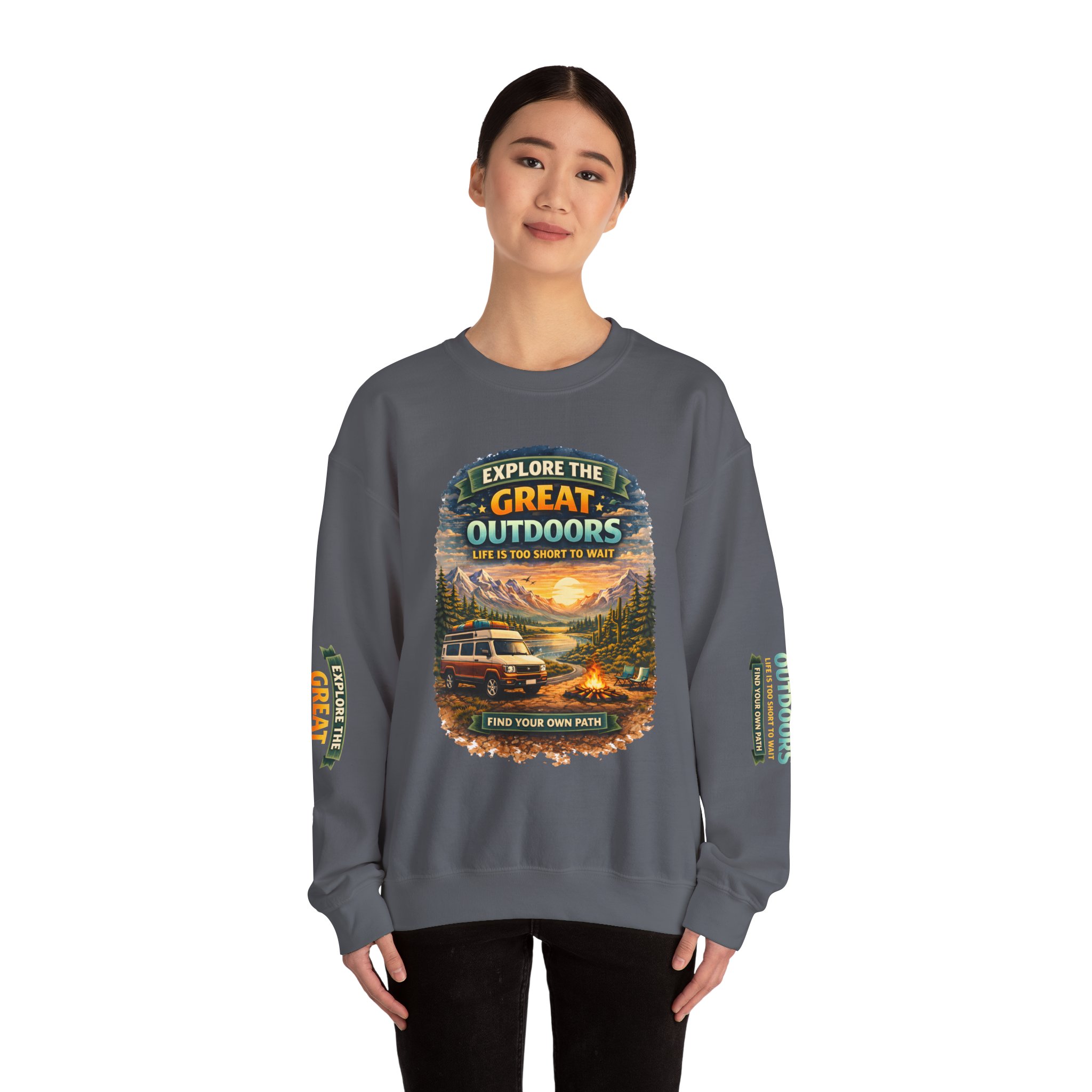 Unisex Heavy Blend™ Crewneck Sweatshirt — "Explore The Great Outdoors" Design Scenic-Line