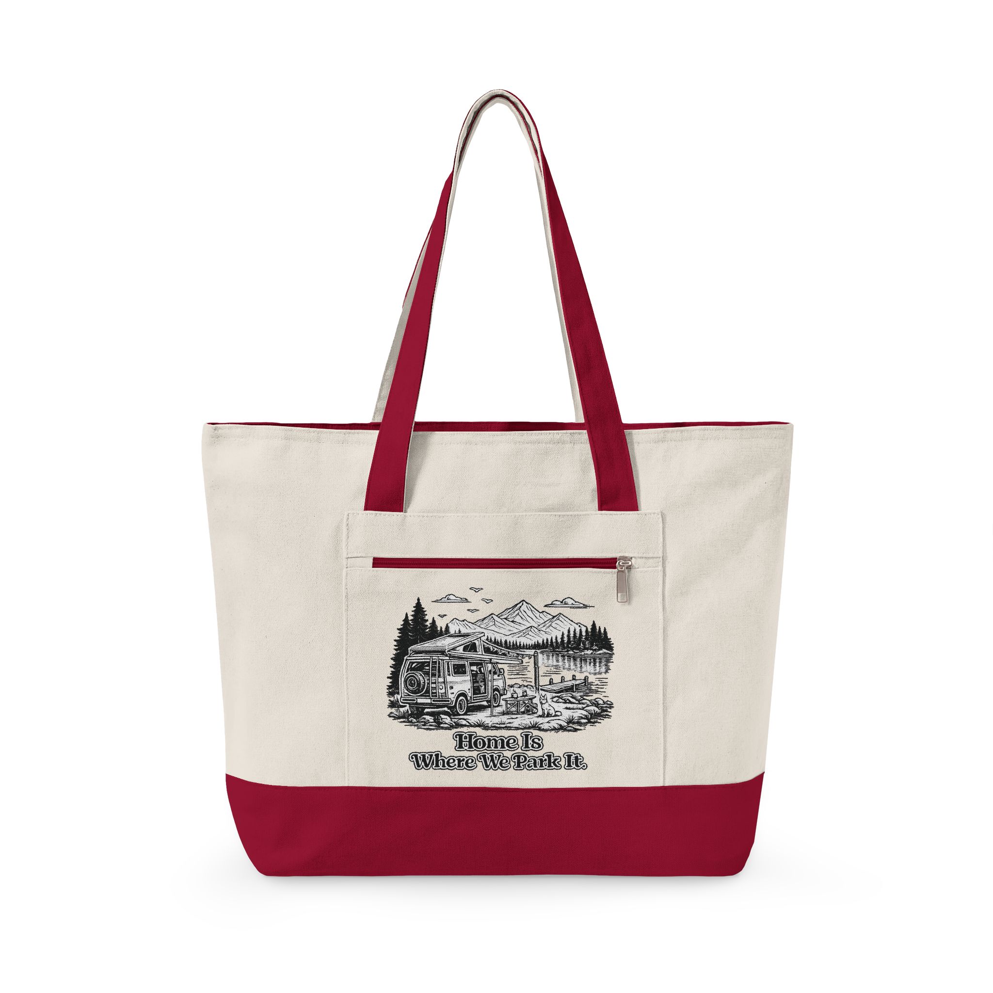 Zippered Canvas Tote — "Home Is Where You Park It" (Design Minimal-Line)