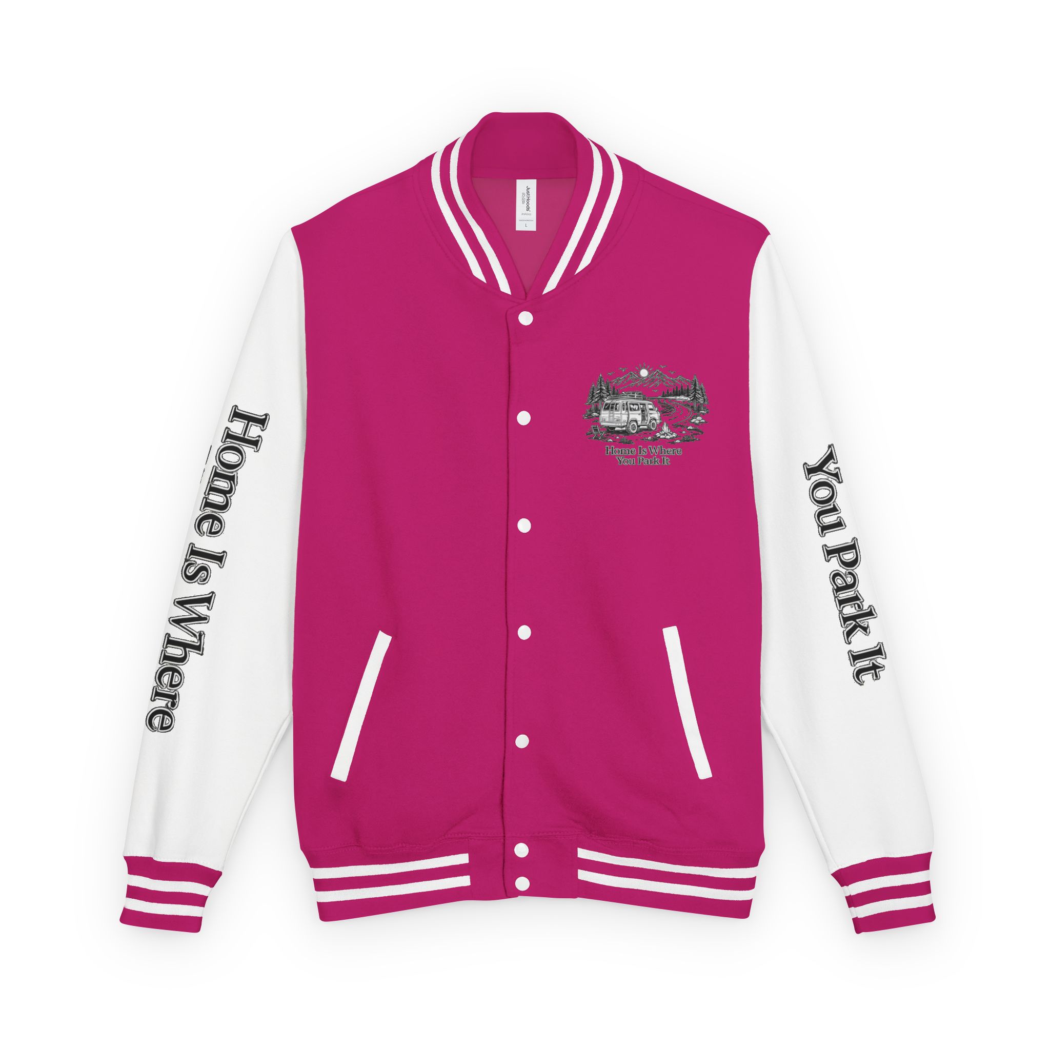 Unisex Heavyweight Letterman Jacket — "Home Is Where You Park It" Travel Varsity Coat