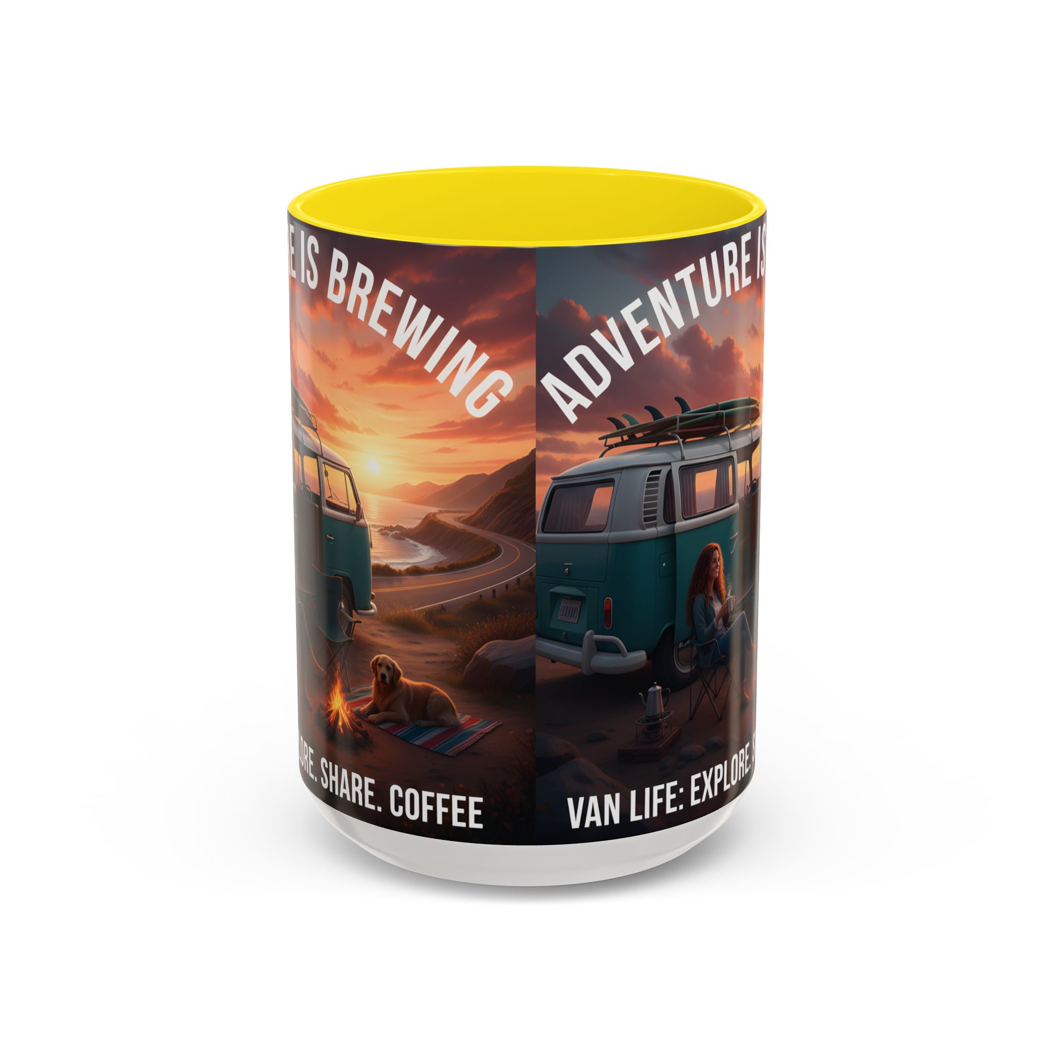 Accent Coffee Mug (11, 15oz) — "Adventure is brewing"