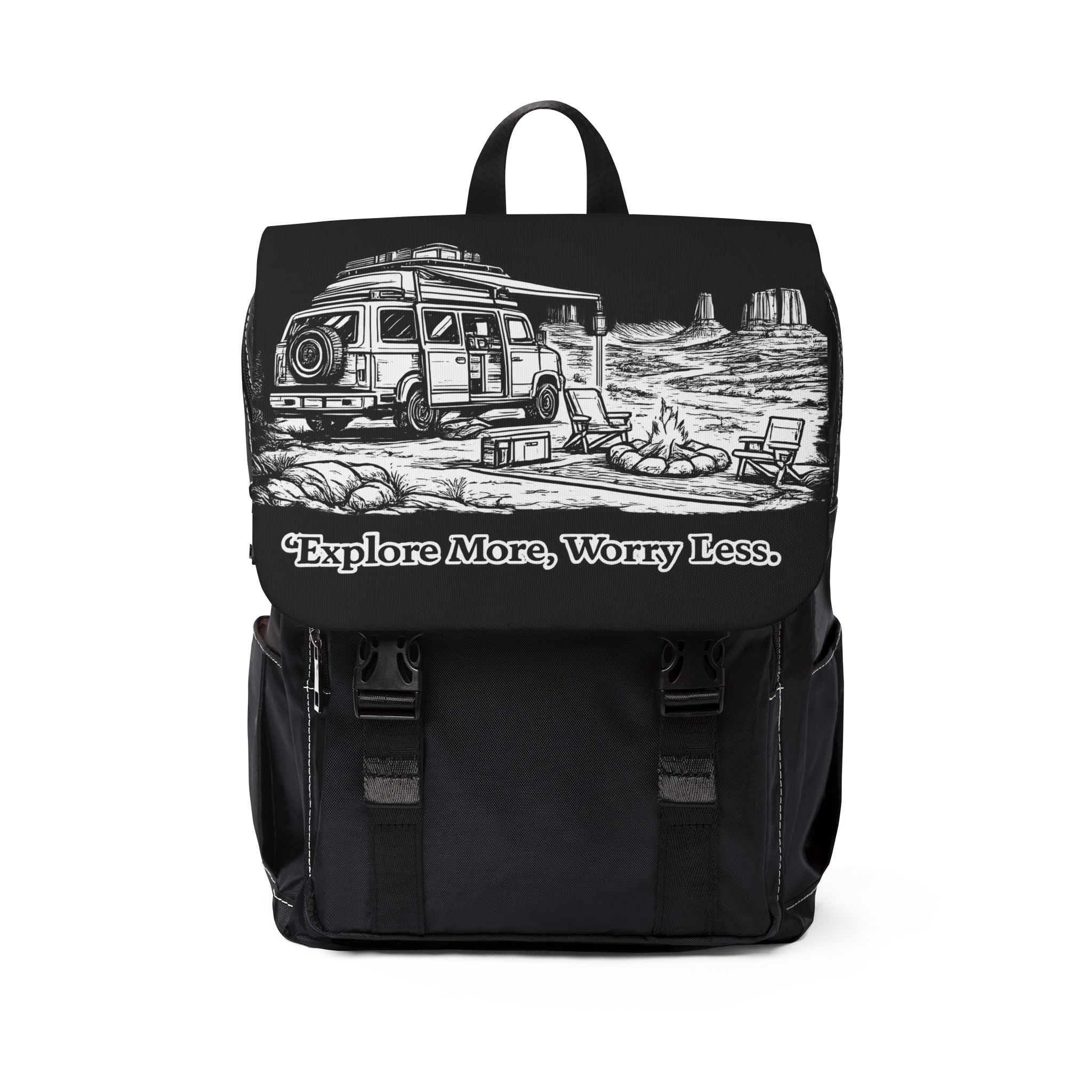 Unisex Casual Shoulder Backpack — "Explore More Worry Less" Design Minimal-Line