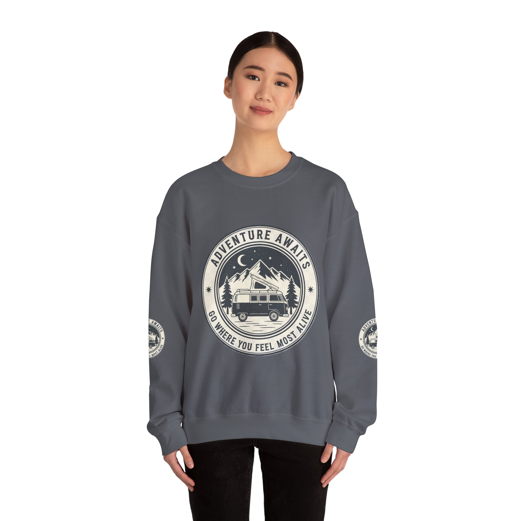 6605748255565801970_2048.jpeg Crewneck Sweatshirt — "Adventure Awaits-Go Where You Feel Most Alive" (Font + Back + Sleaves printed) Vintage Camper Van Outdoor Graphic