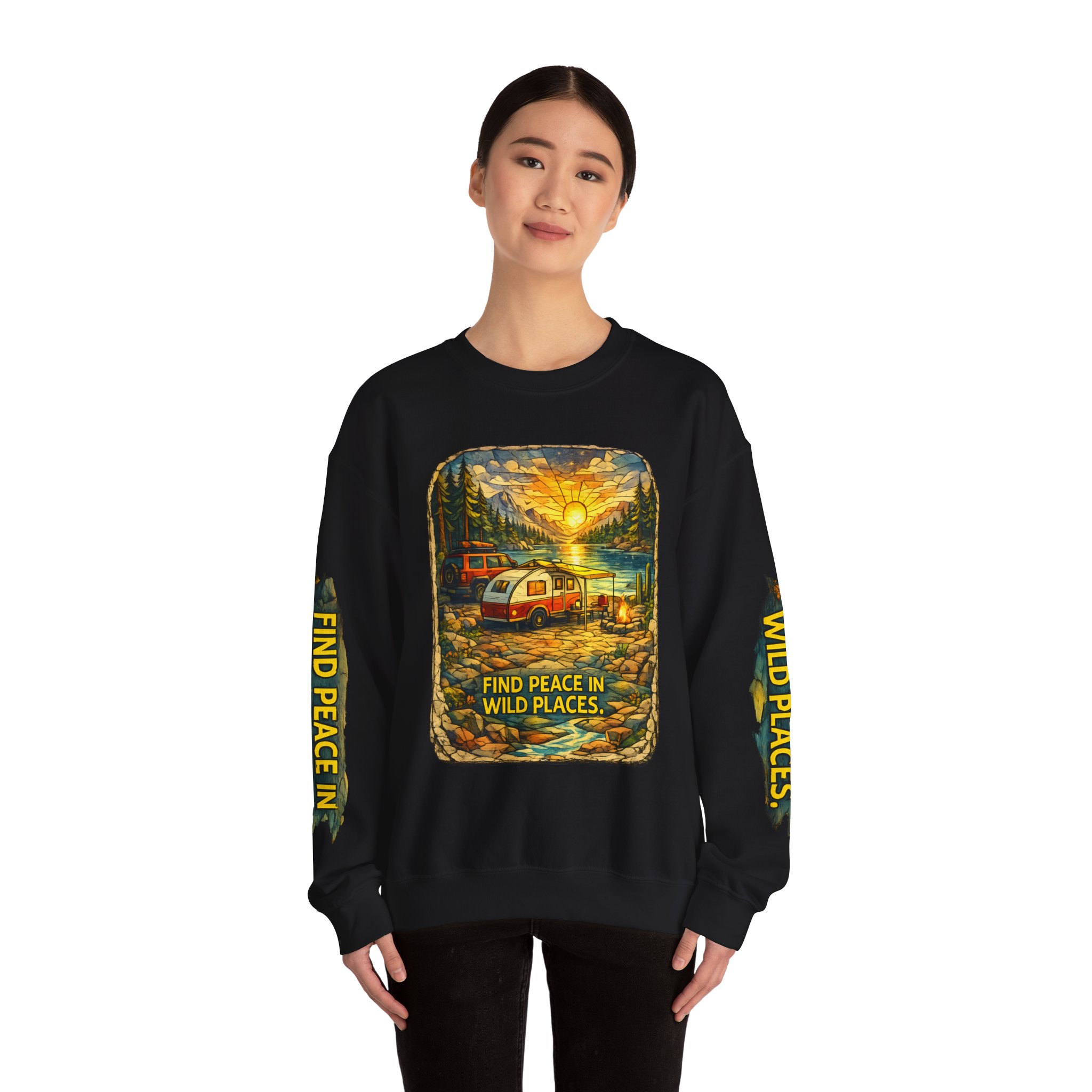 Unisex Heavy Blend™ Crewneck Sweatshirt — "Find Peace In Wild Places" Design Cubic-Line