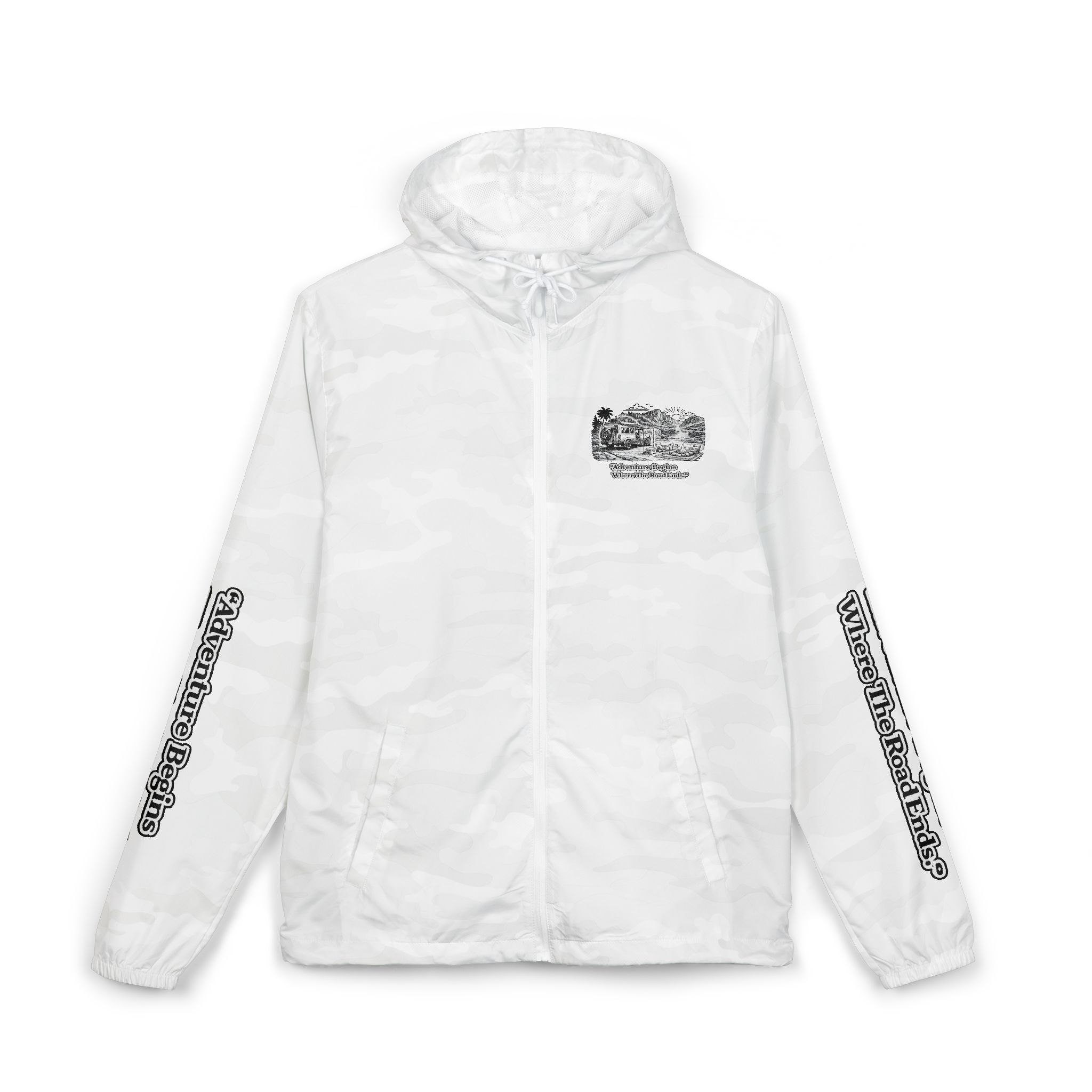 Unisex Full-Zip Windbreaker Jacket — "Adventure Begins Where Roads End" (Design "Minimal-Line")