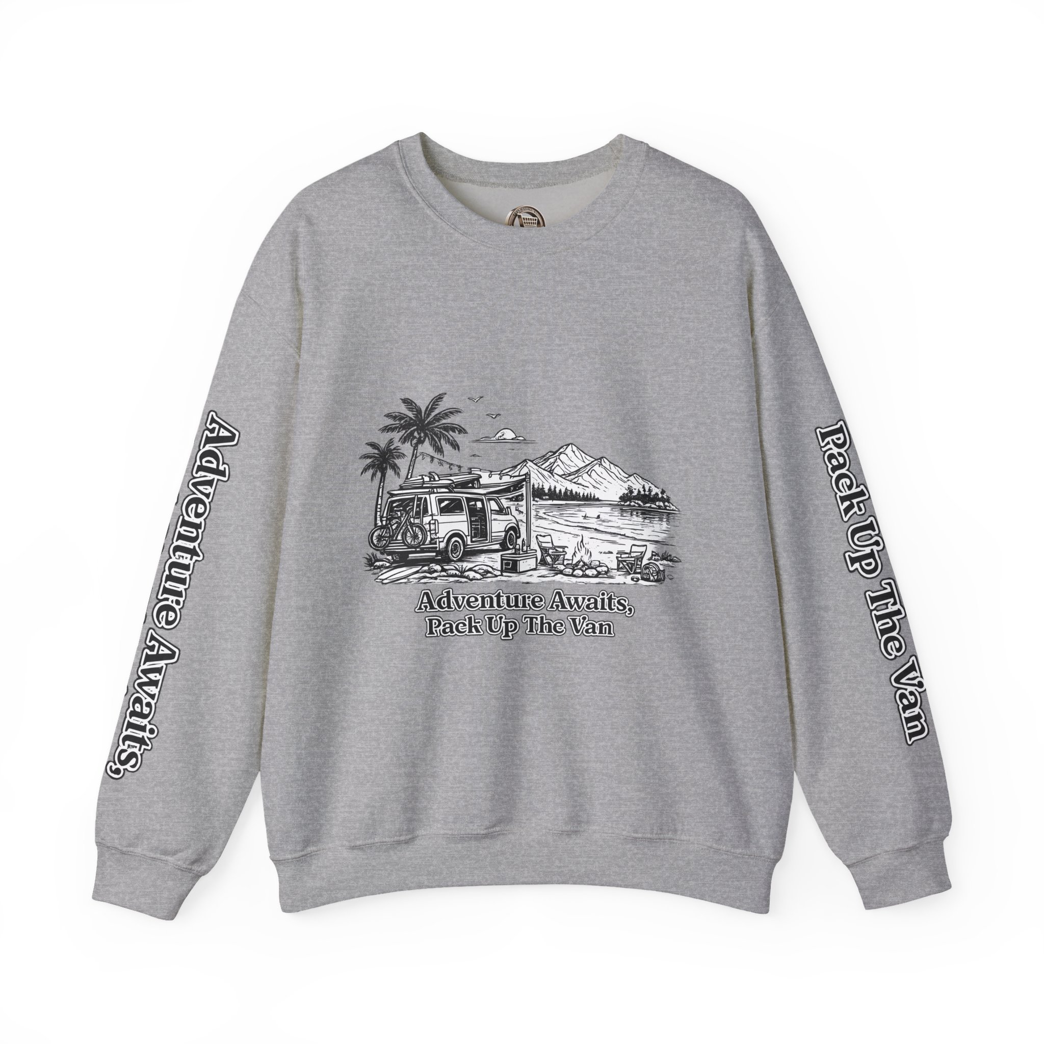 Unisex Heavy Blend™ Crewneck Sweatshirt — "Adventure Awaits,Pack Up The Van" Design Minimal-Line