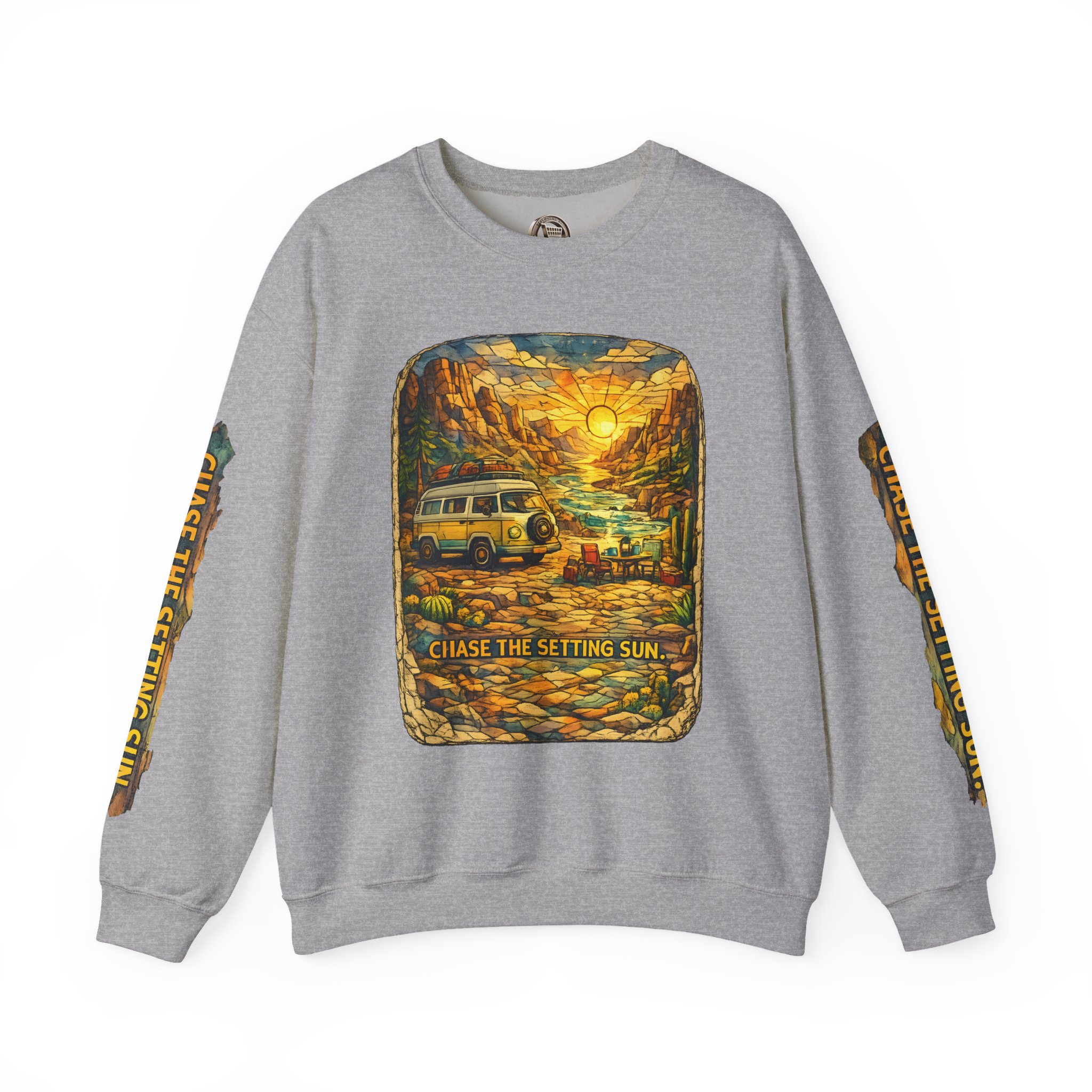 Unisex Heavy Blend™ Crewneck Sweatshirt — "Chase The Settings Sun" Design Cubic-Line