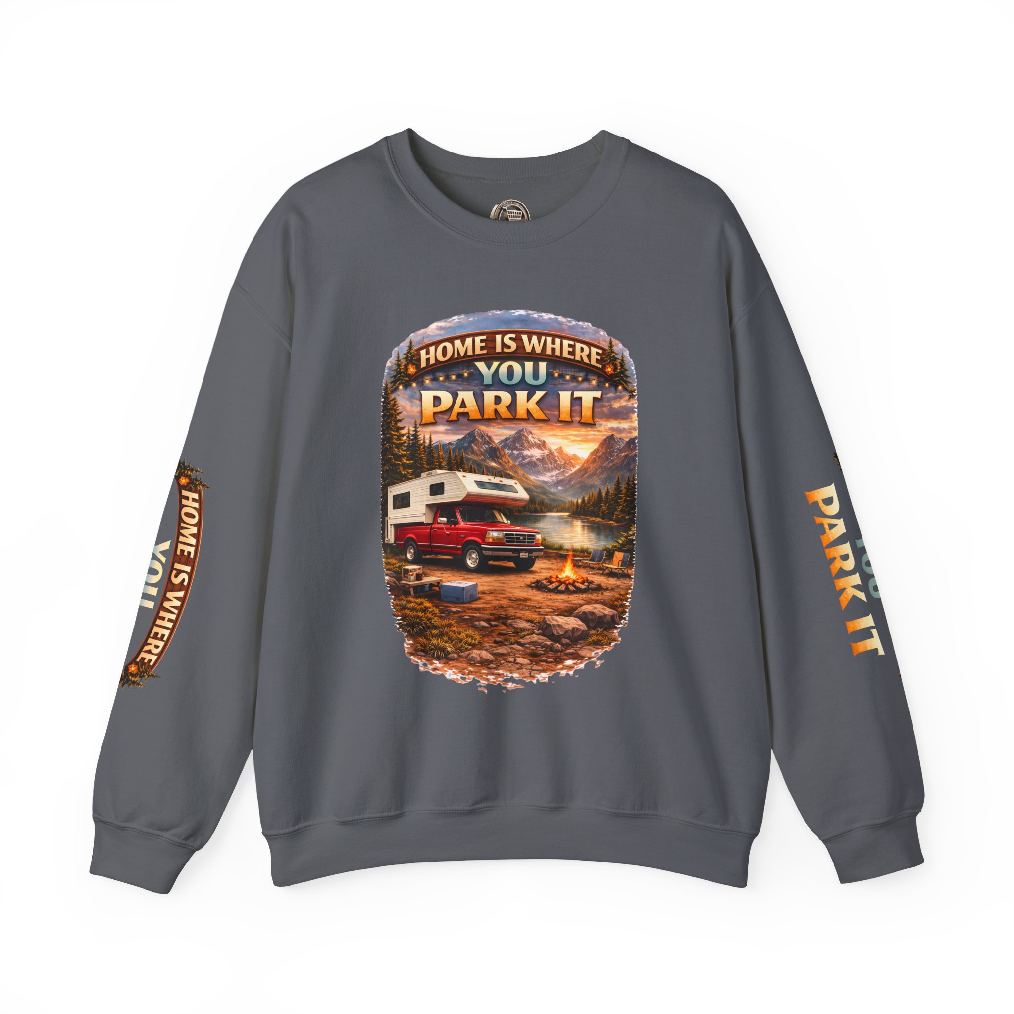 Unisex Heavy Blend™ Crewneck Sweatshirt — "Home Is Where You Park It" Design Scenic-Line