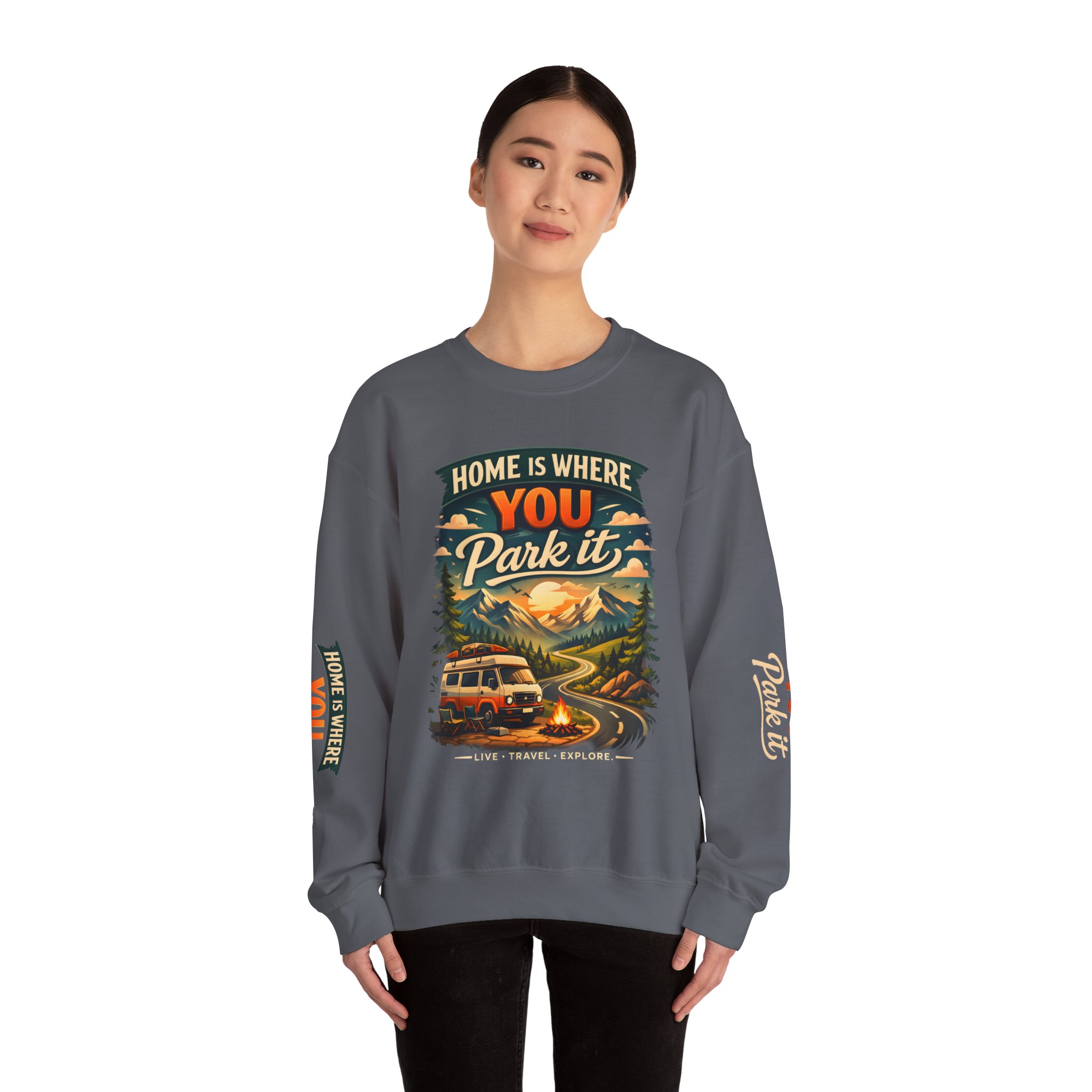 Unisex Heavy Blend™ Crewneck Sweatshirt — "Home Is Where You Park It" Design Scenic-Line