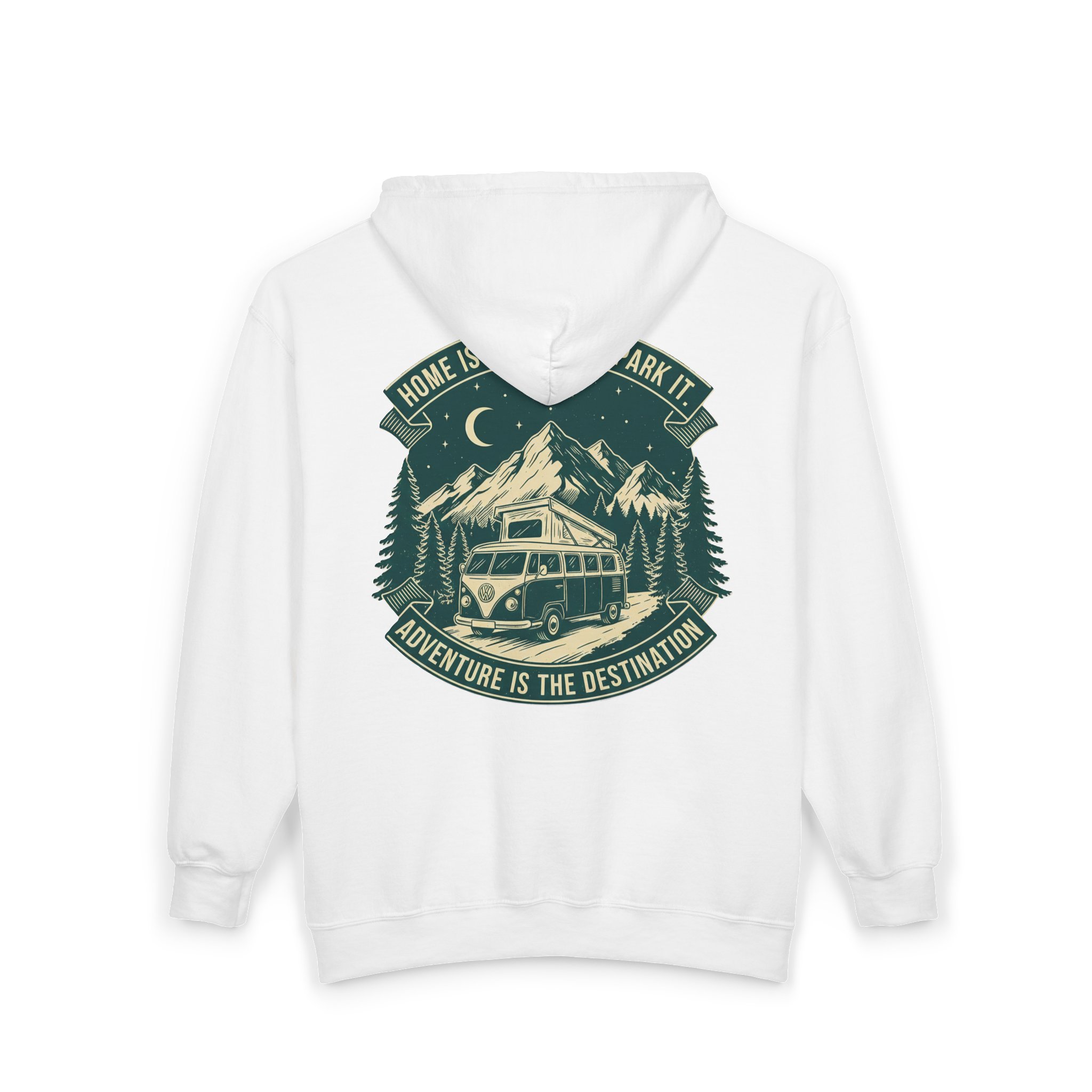 6663370517973171671_2048.jpeg Zip Hoodie — "Home Is Where You Park It-Adventure is the destination"(Front + Back Printed) Camper Van Adventure Zip-Up