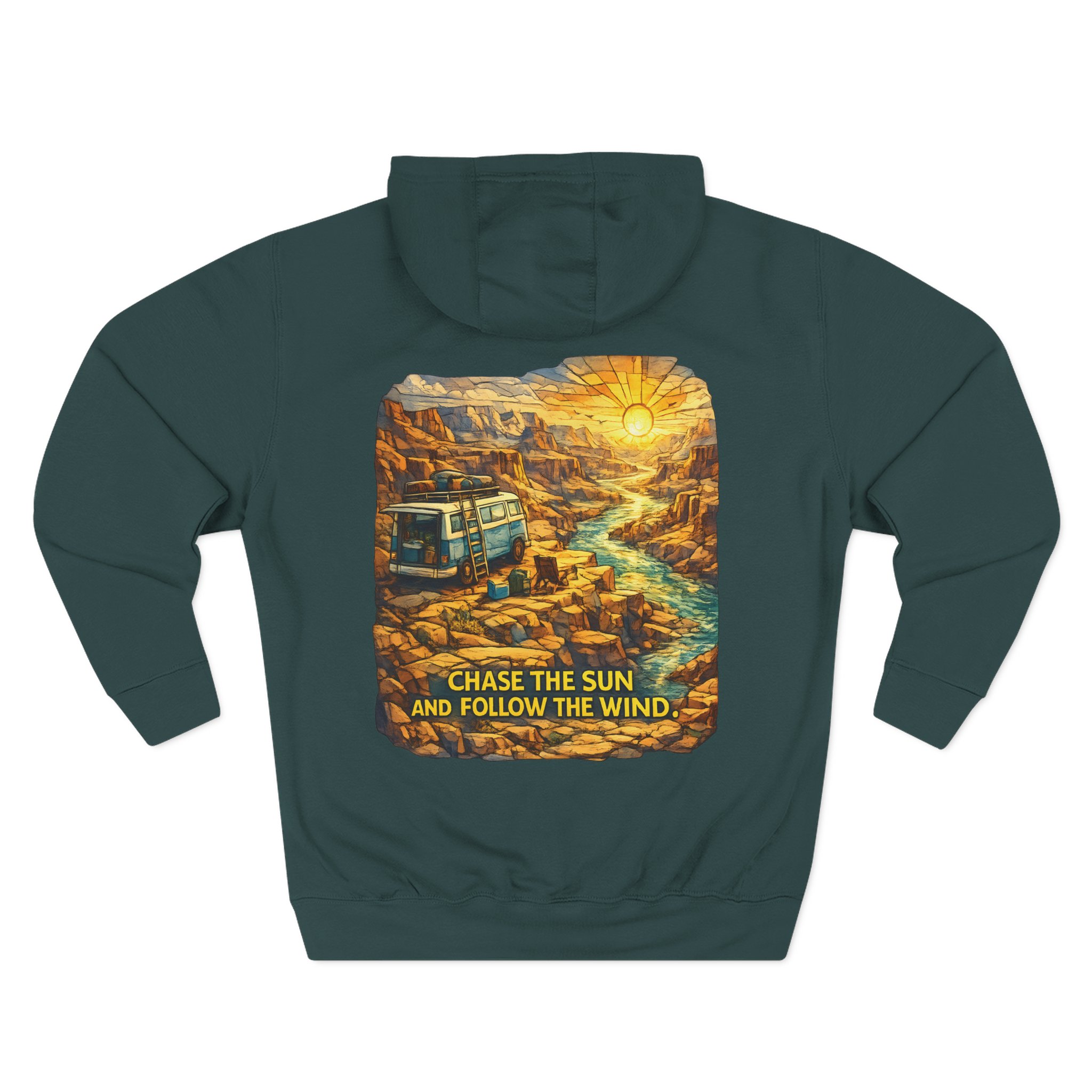Three-Panel Fleece Hoodie - "Chase The Sun And Follow The Wind" Design Cubic-Line