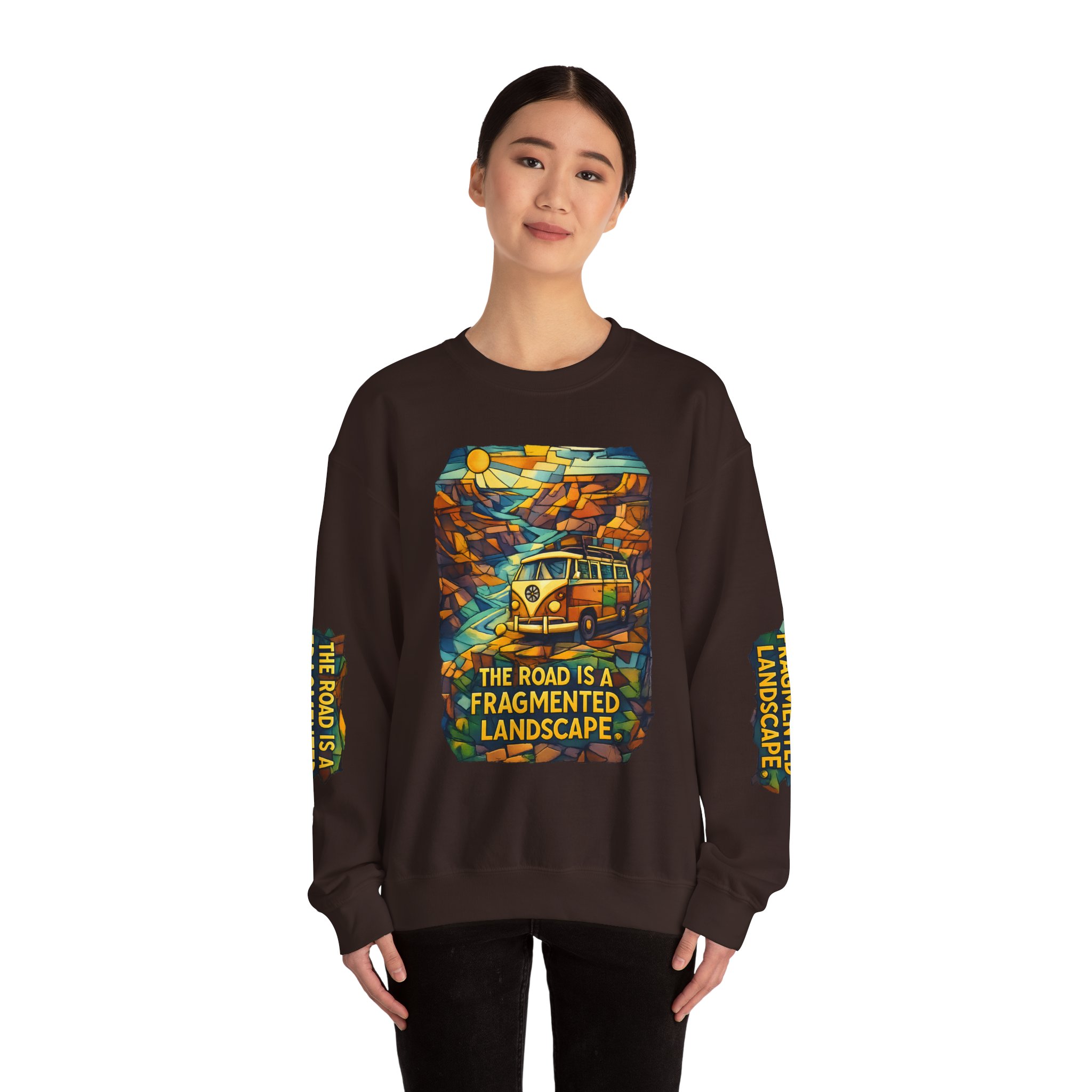 Unisex Heavy Blend™ Crewneck Sweatshirt — "The Road Is A Fragmented Landscape" Design Cubic-Line