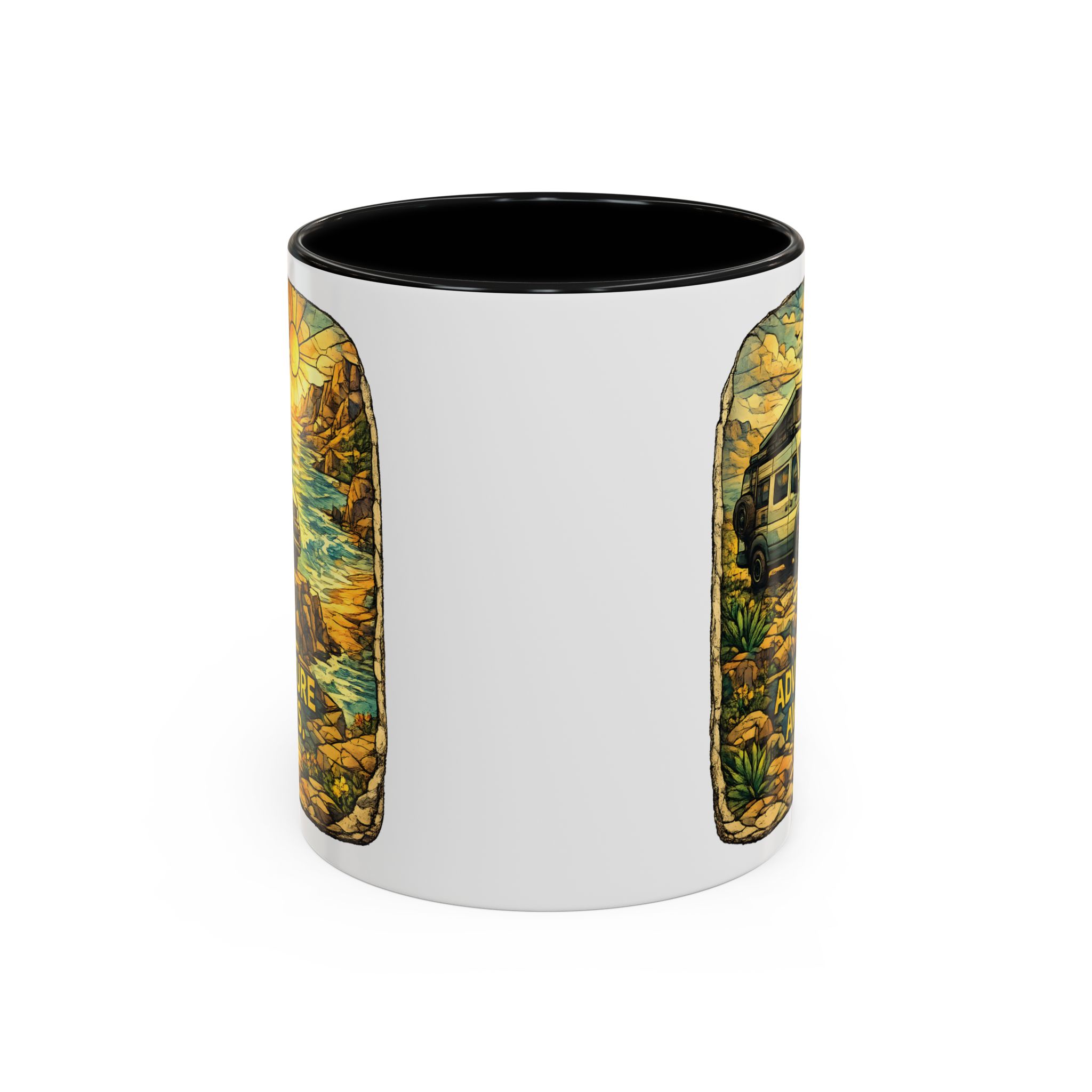 Accent Coffee Mug (11, 15oz) — "Adventure Awaits" Design Cubic-Line