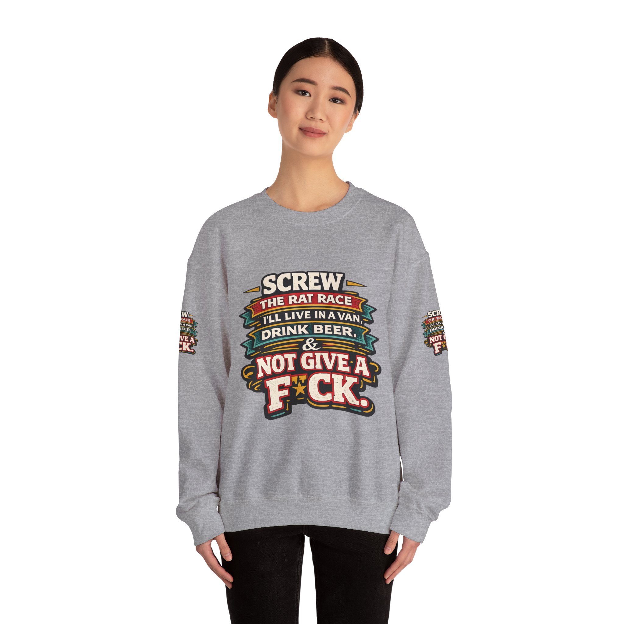 Unisex Heavy Blend™ Crewneck Sweatshirt — "Screw The Rat Race" Design F**K-Line