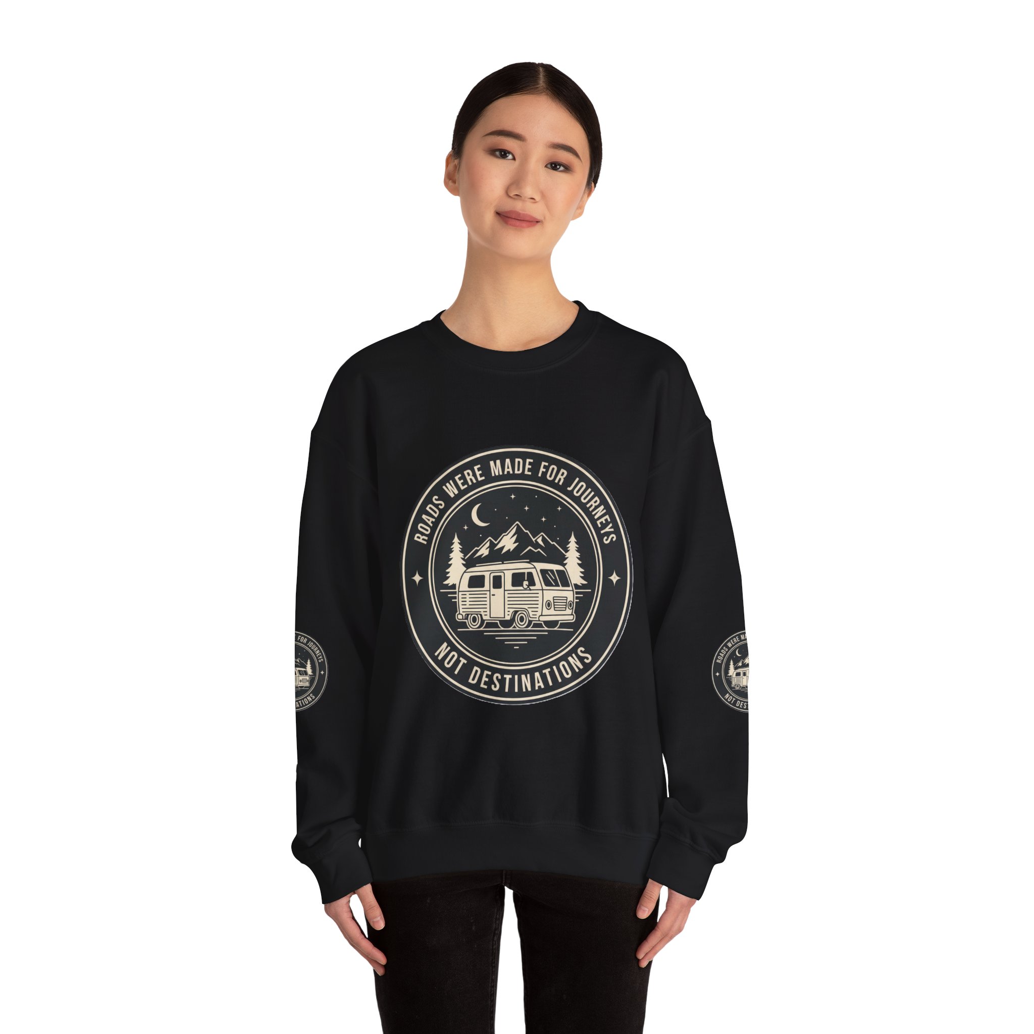 Crewneck Sweatshirt — "ROAD WHERE MADE FOR JOURNEYS-NOT DESTINATIONS" (Font + Back + Sleaves printed) Vintage Camper Van Outdoor Graphic