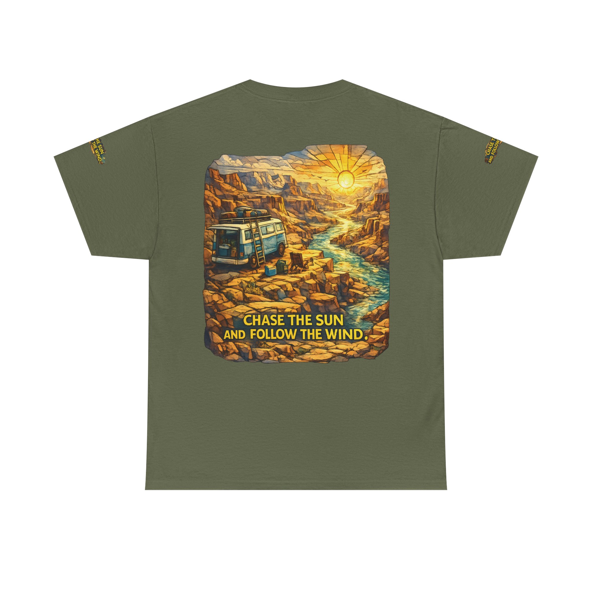6693386886890217514_2048.jpeg Unisex Heavy Cotton Tee — "Chase The Sun And Follow The Wind" Design Cubic-Line