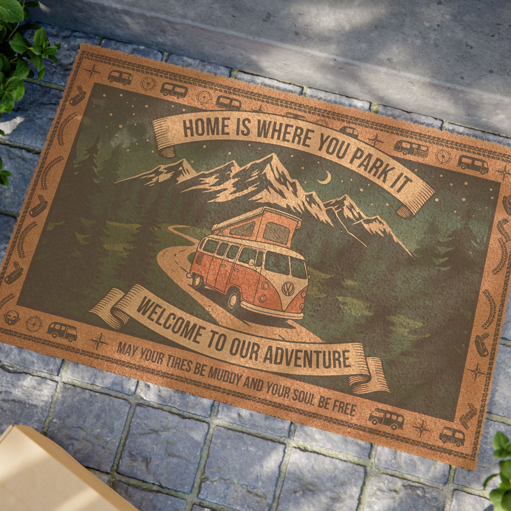 Doormat - "Home Is Where You Park It-Welcome To Our Adventure" Camper Van Adventure Welcome Mat