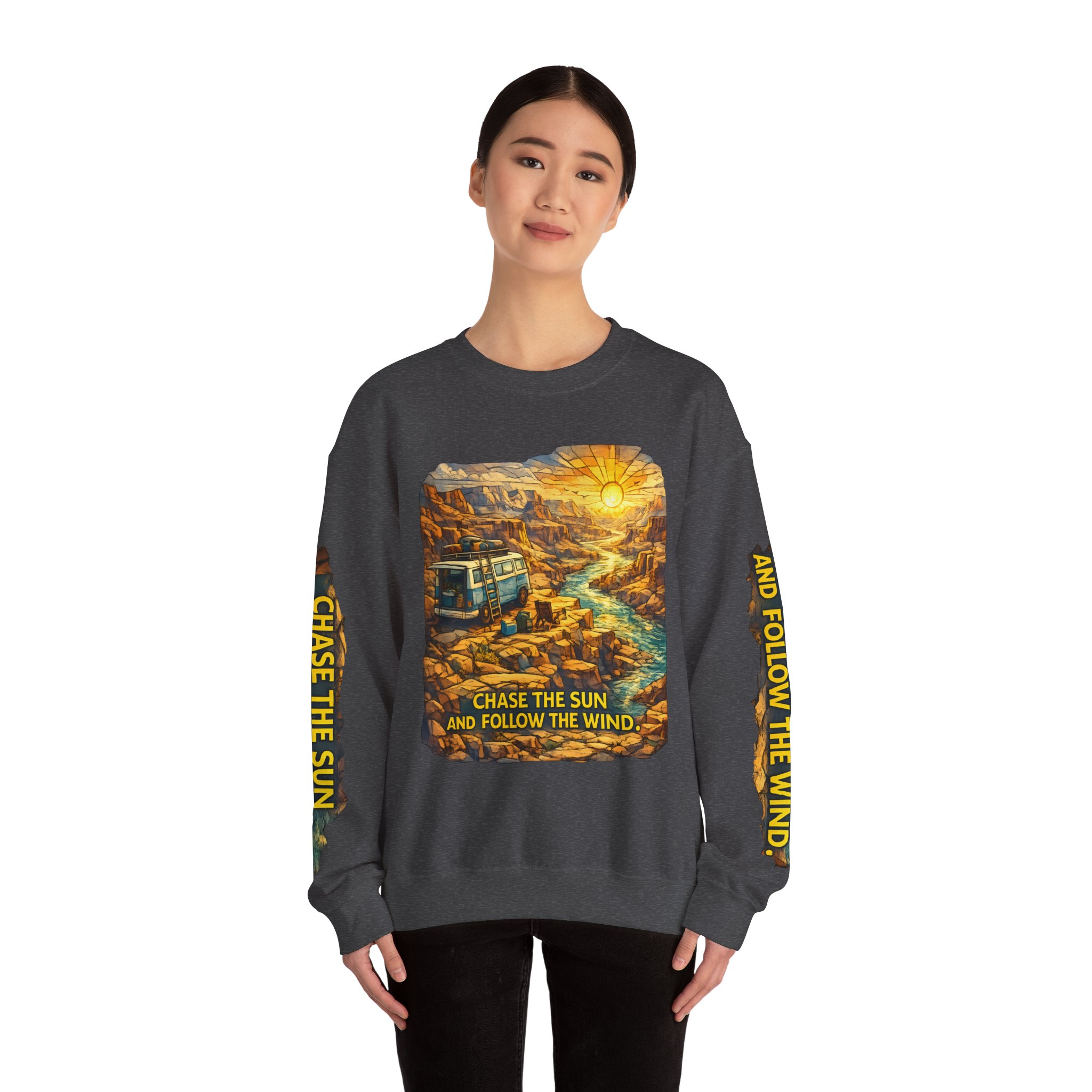 6694355328546112824_2048.jpeg Unisex Heavy Blend™ Crewneck Sweatshirt — "Chase The Sun And Follow The Wind" Design Cubic-Line