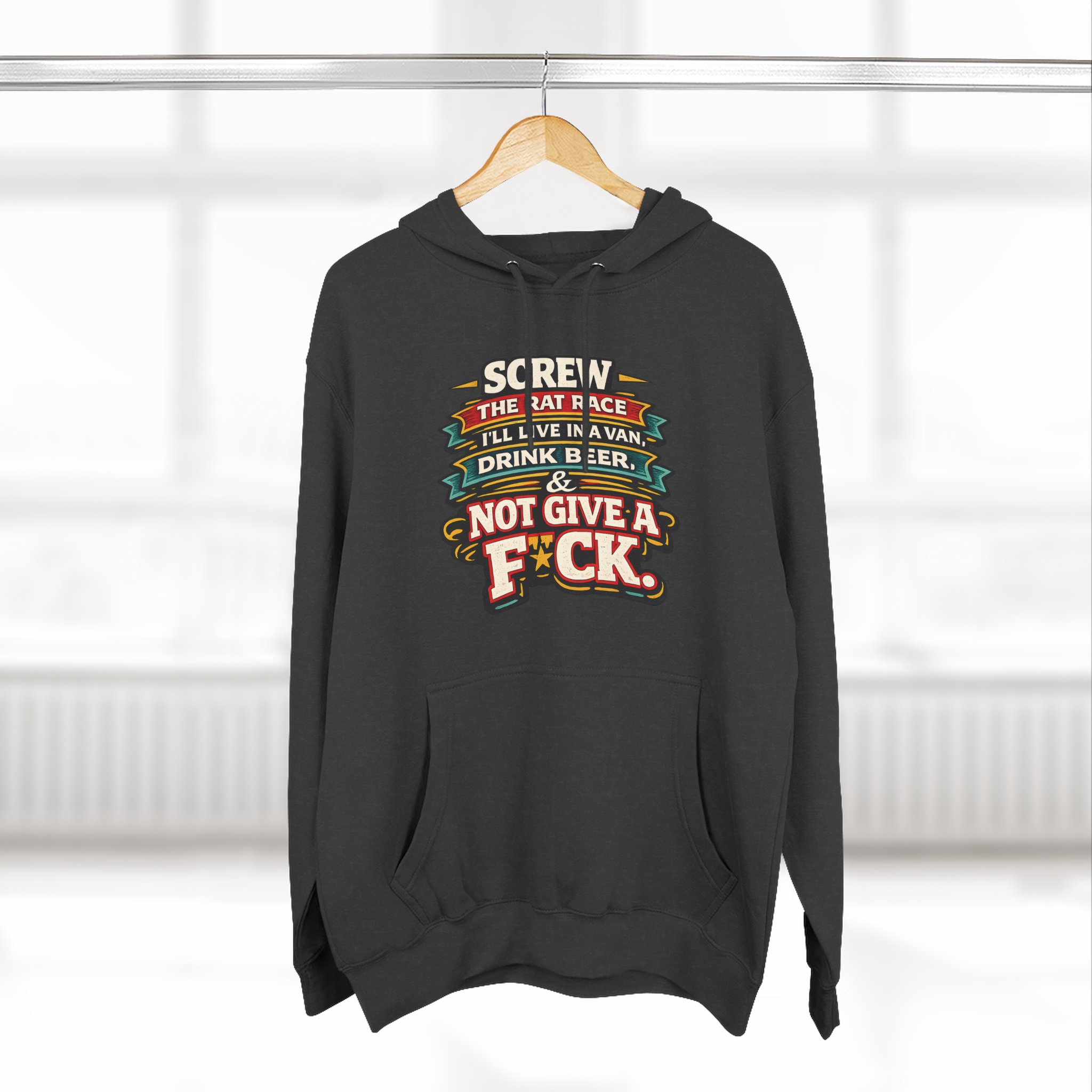670285212640843778_2048.jpeg Three-Panel Fleece Hoodie - "Screw The Rat Race" Design F**K-Line