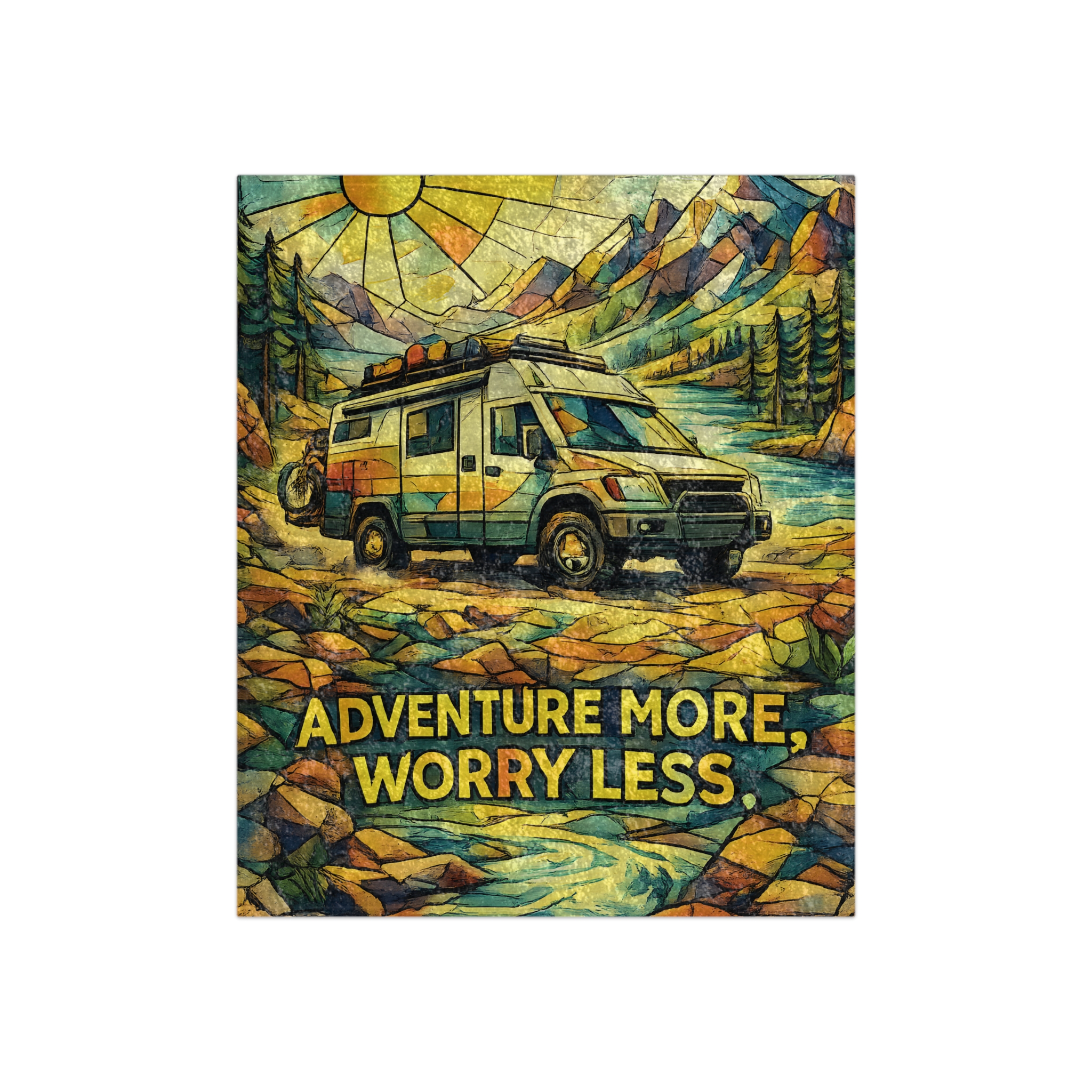 Crushed Velvet Blanket —"Adventure More Worry Less" Design Cubic-Line (Campervan)