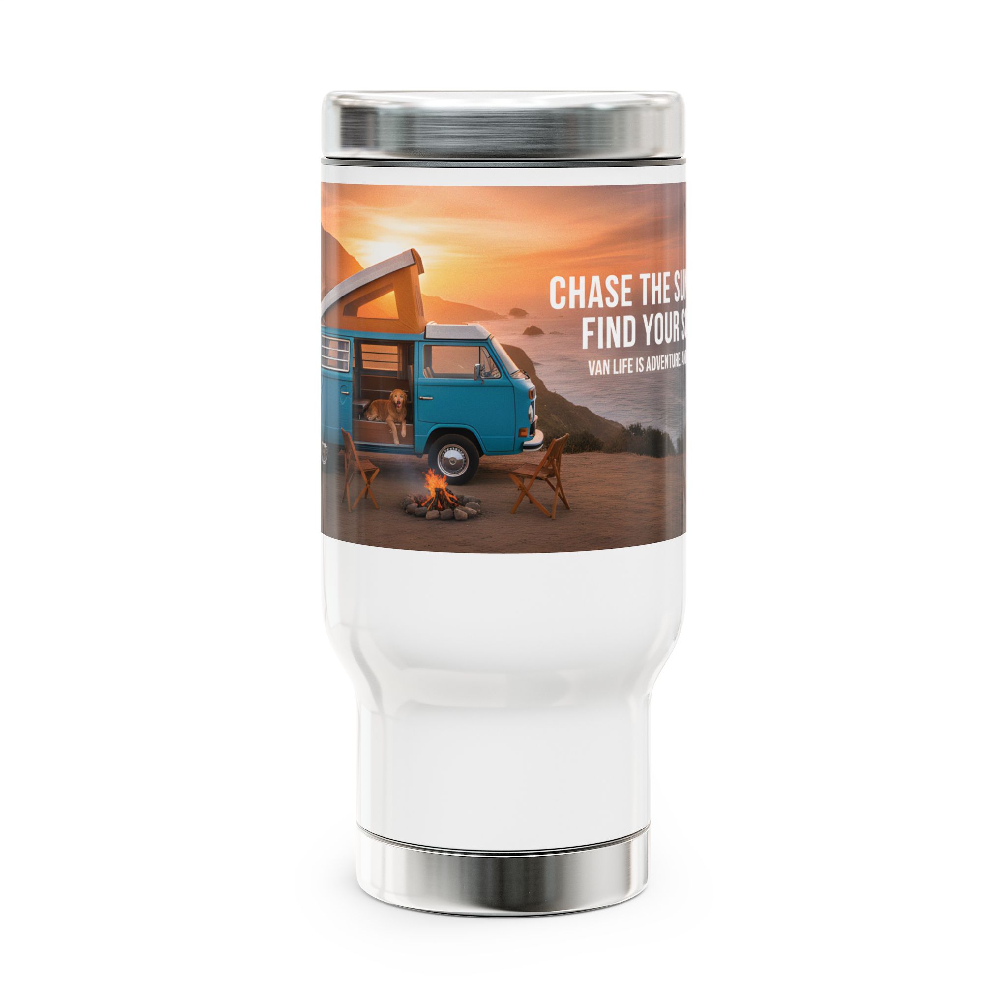 Stainless Steel Travel Mug with Handle, 14oz — "Chase the Sun, Find Yourself"