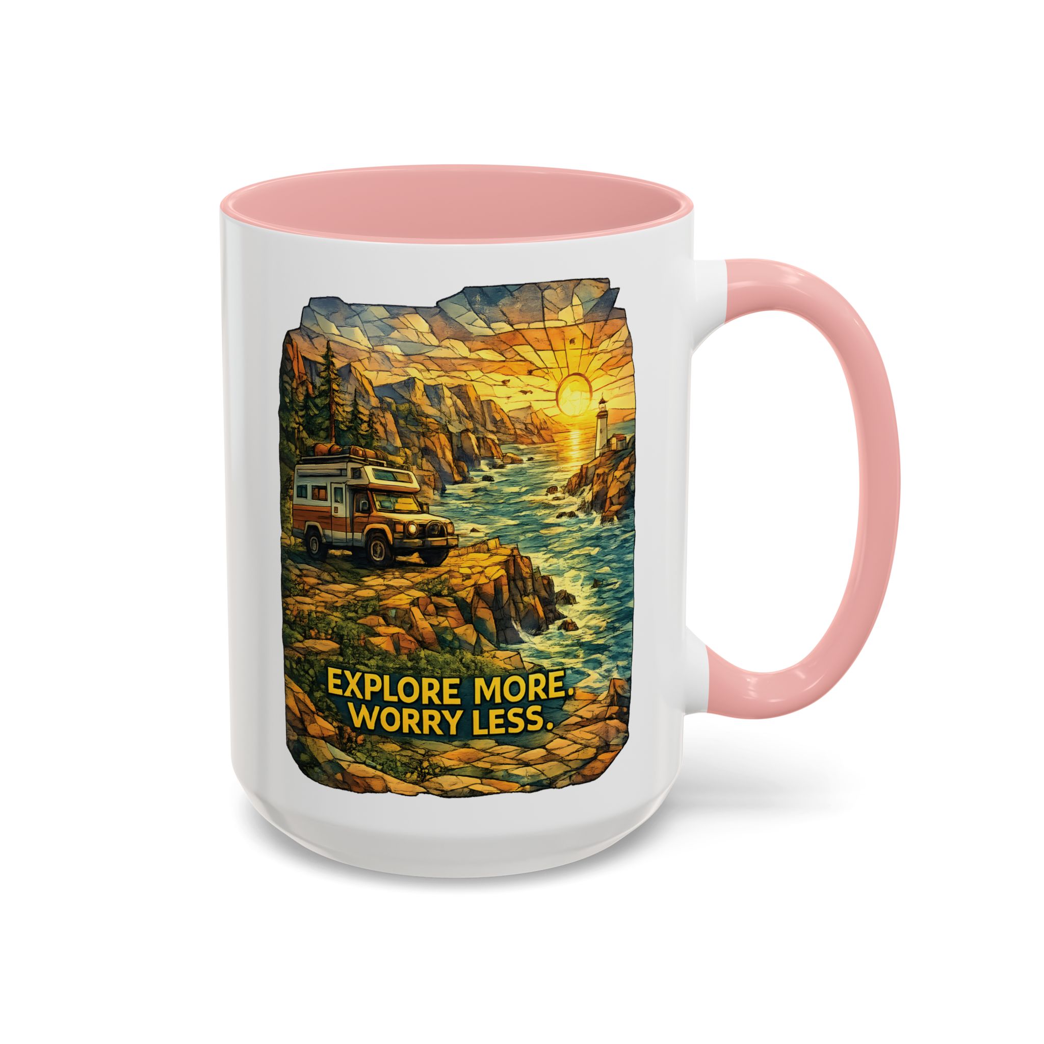 Accent Coffee Mug (11, 15oz) — "Explore More Worry Less" Design Cubic-Line