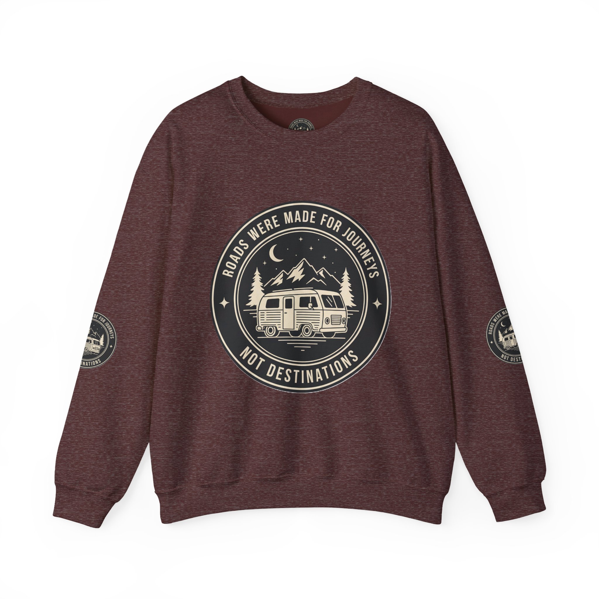 Crewneck Sweatshirt — "ROAD WHERE MADE FOR JOURNEYS-NOT DESTINATIONS" (Font + Back + Sleaves printed) Vintage Camper Van Outdoor Graphic