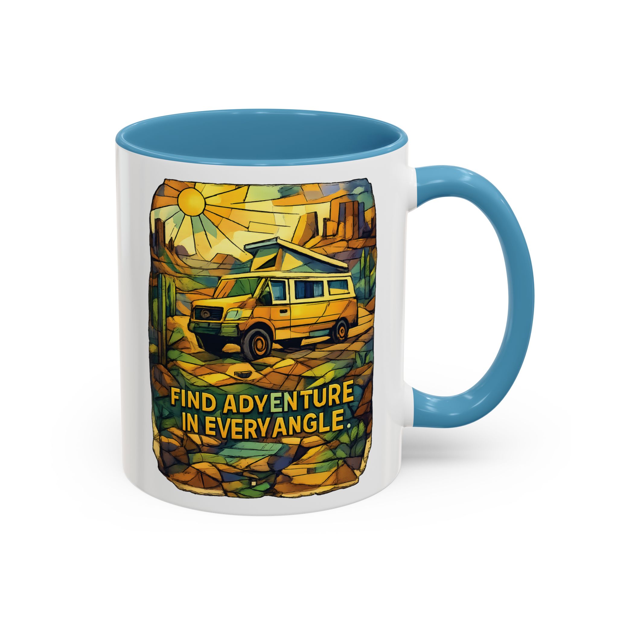 Accent Coffee Mug (11, 15oz) — "Find Adventure In Every Corner" Design Cubic-Line