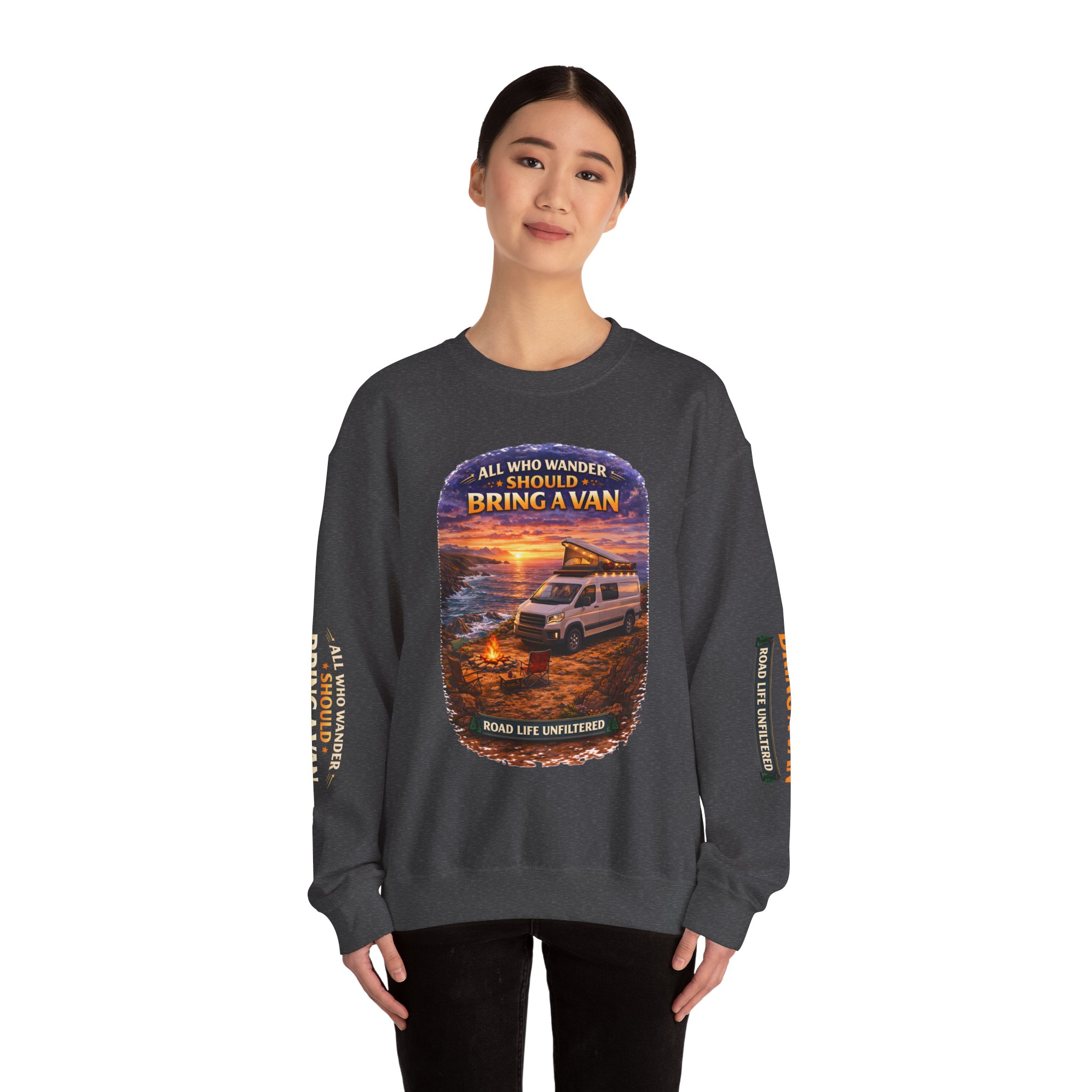 Unisex Heavy Blend™ Crewneck Sweatshirt — "All Who wander Should Bring A Van" Design Scenic-Line