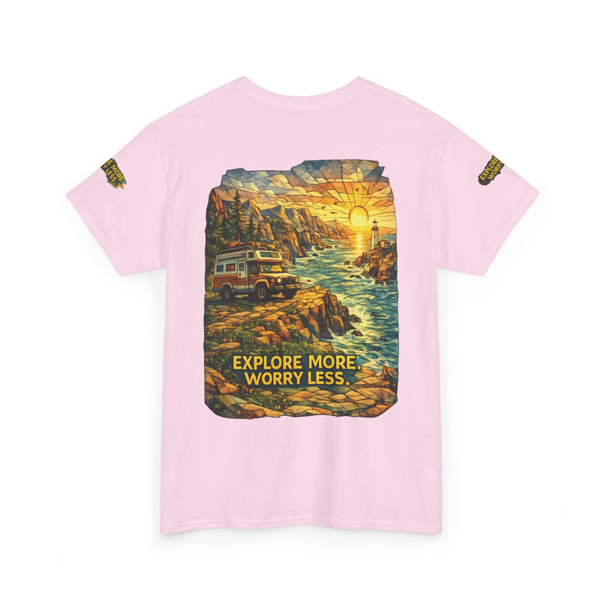 Unisex Heavy Cotton Tee — "Explore More Worry Less" Design Cubic-Line