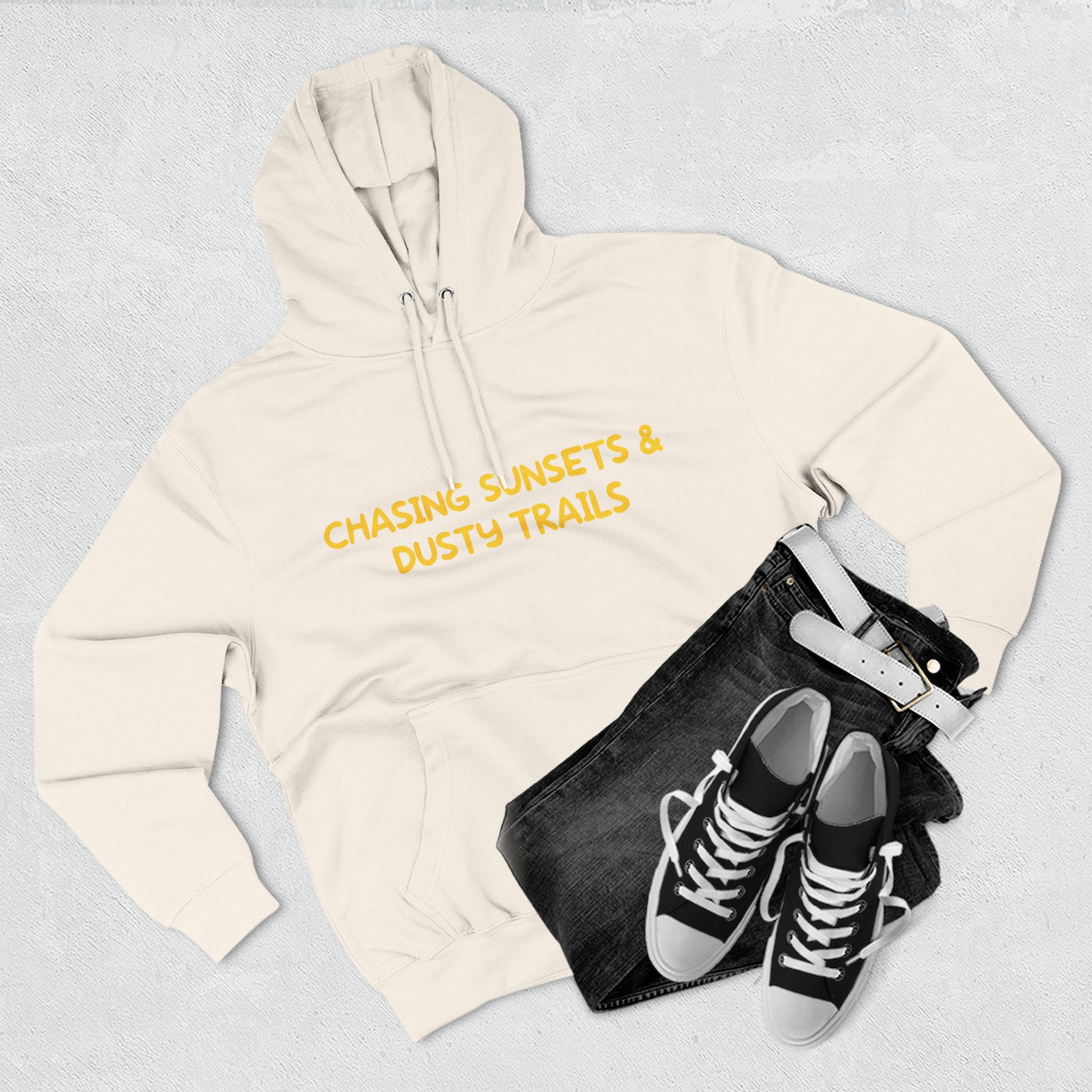 Three-Panel Fleece Hoodie - "Chasing Sunsets And Dusty Trails" Design Sitcom-Line