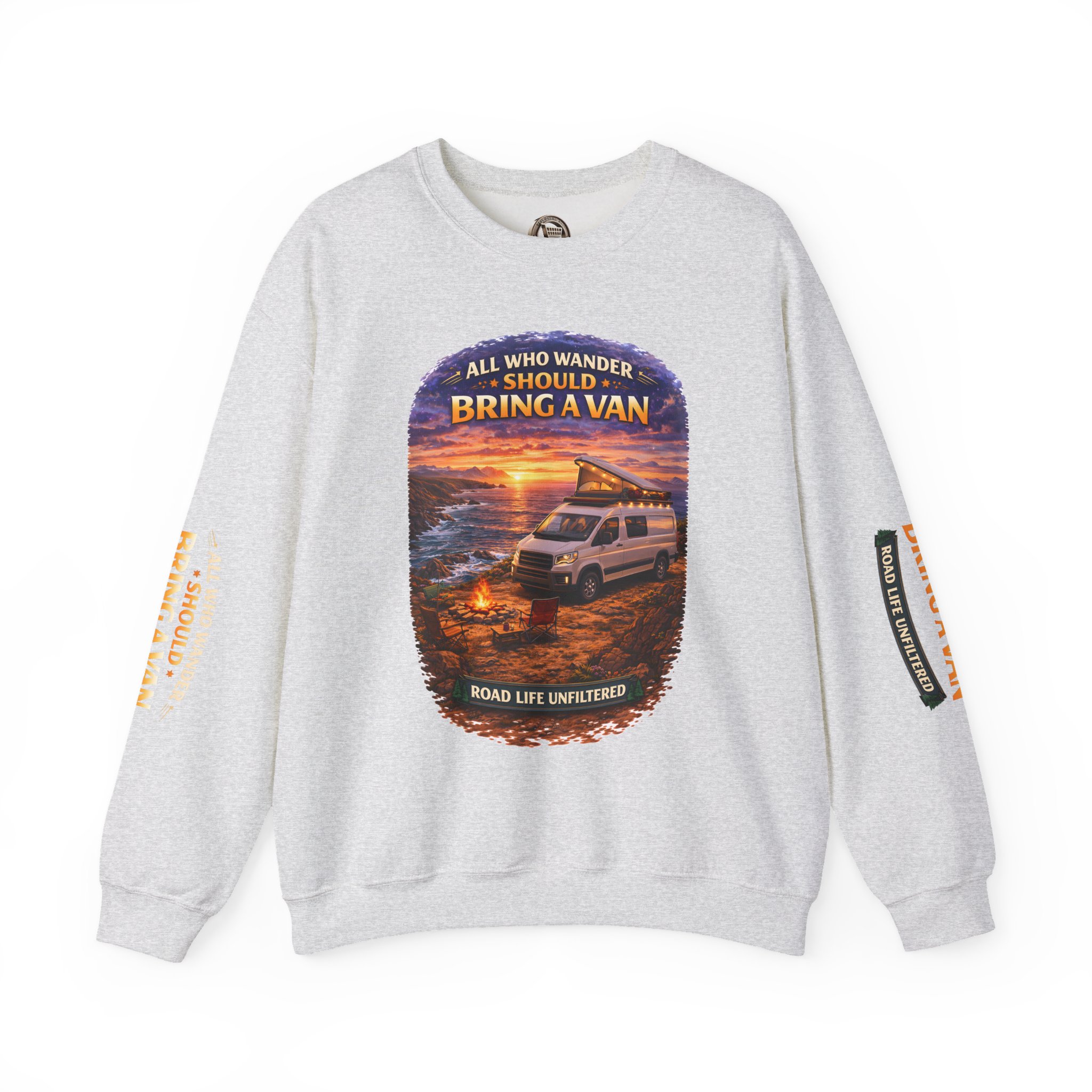 Unisex Heavy Blend™ Crewneck Sweatshirt — "All Who wander Should Bring A Van" Design Scenic-Line