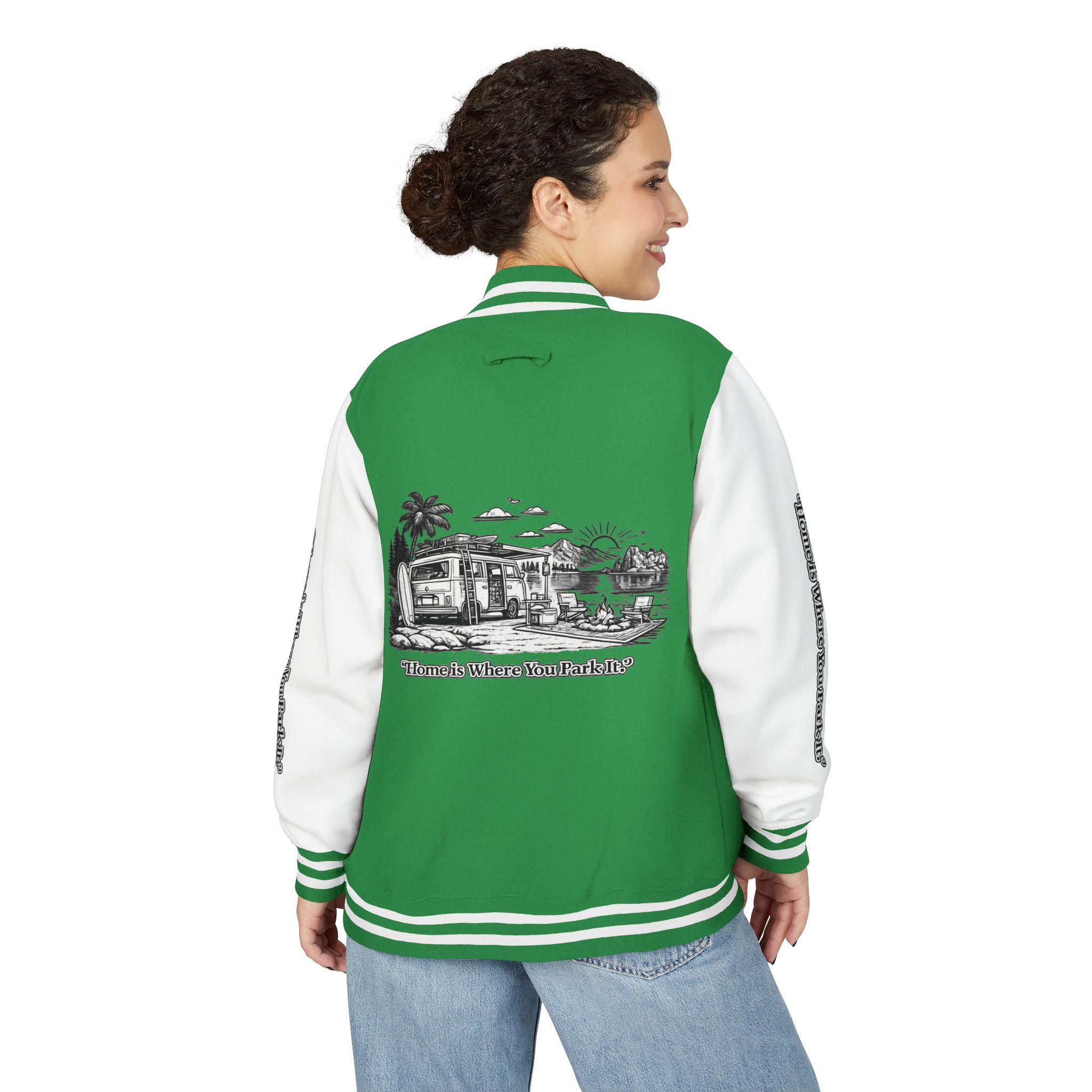 6803283885419065244_2048-1.jpeg Unisex Heavyweight Letterman Jacket — "Home Is Where You Park It" Travel Varsity Coat