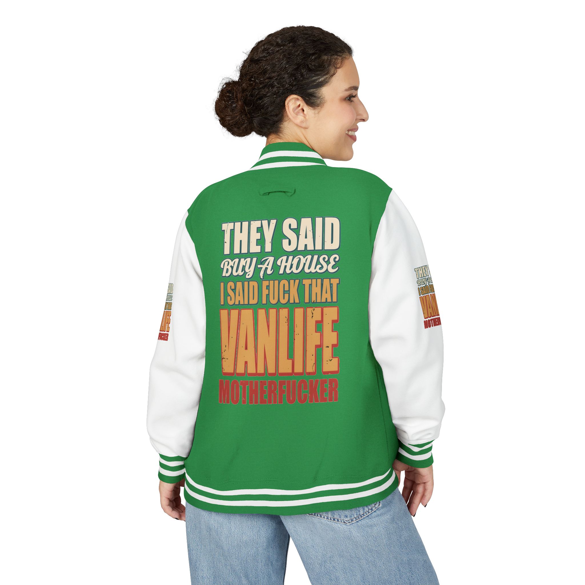 Unisex Heavyweight Letterman Jacket — "They Said Buy A House" Design F**K-Line
