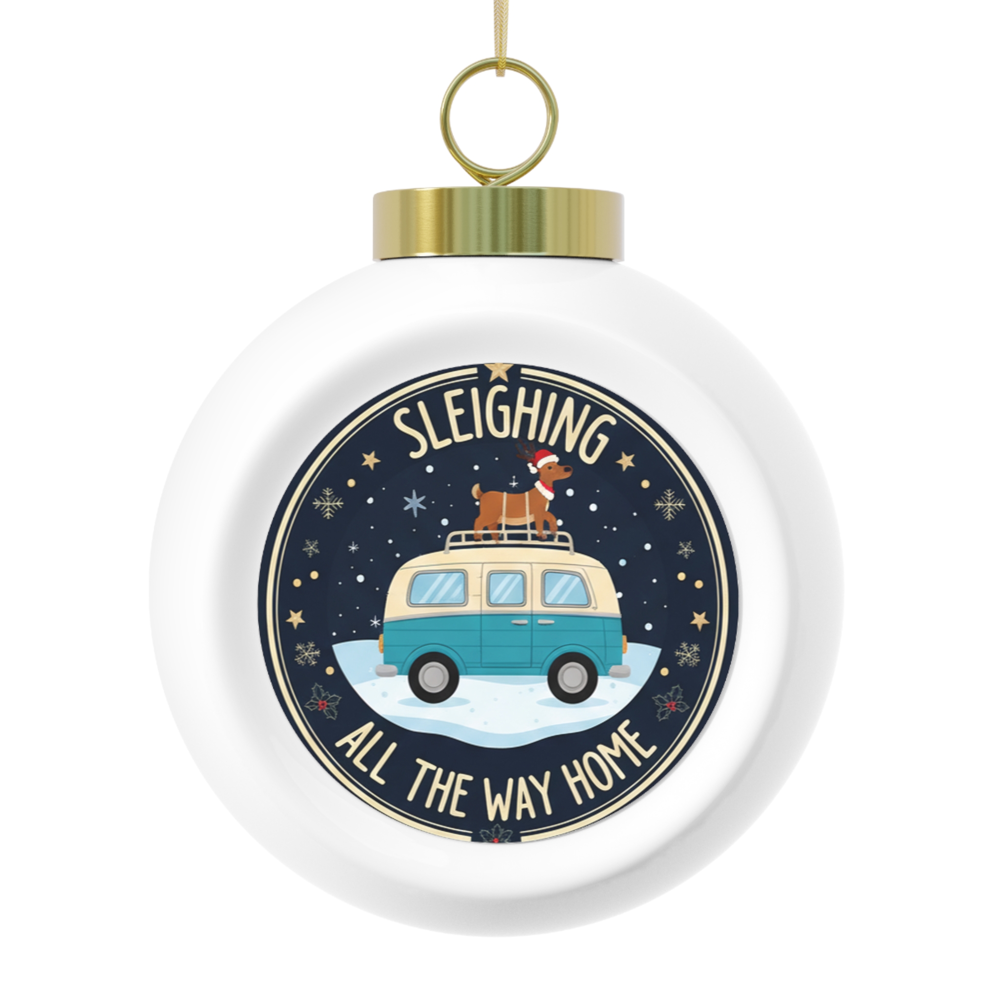 6816289163458623913_2048.jpeg Christmas Ornament - 'Sleighing All The Way Home' Holiday Glass Ball with Cozy Van & Poinsettia Design