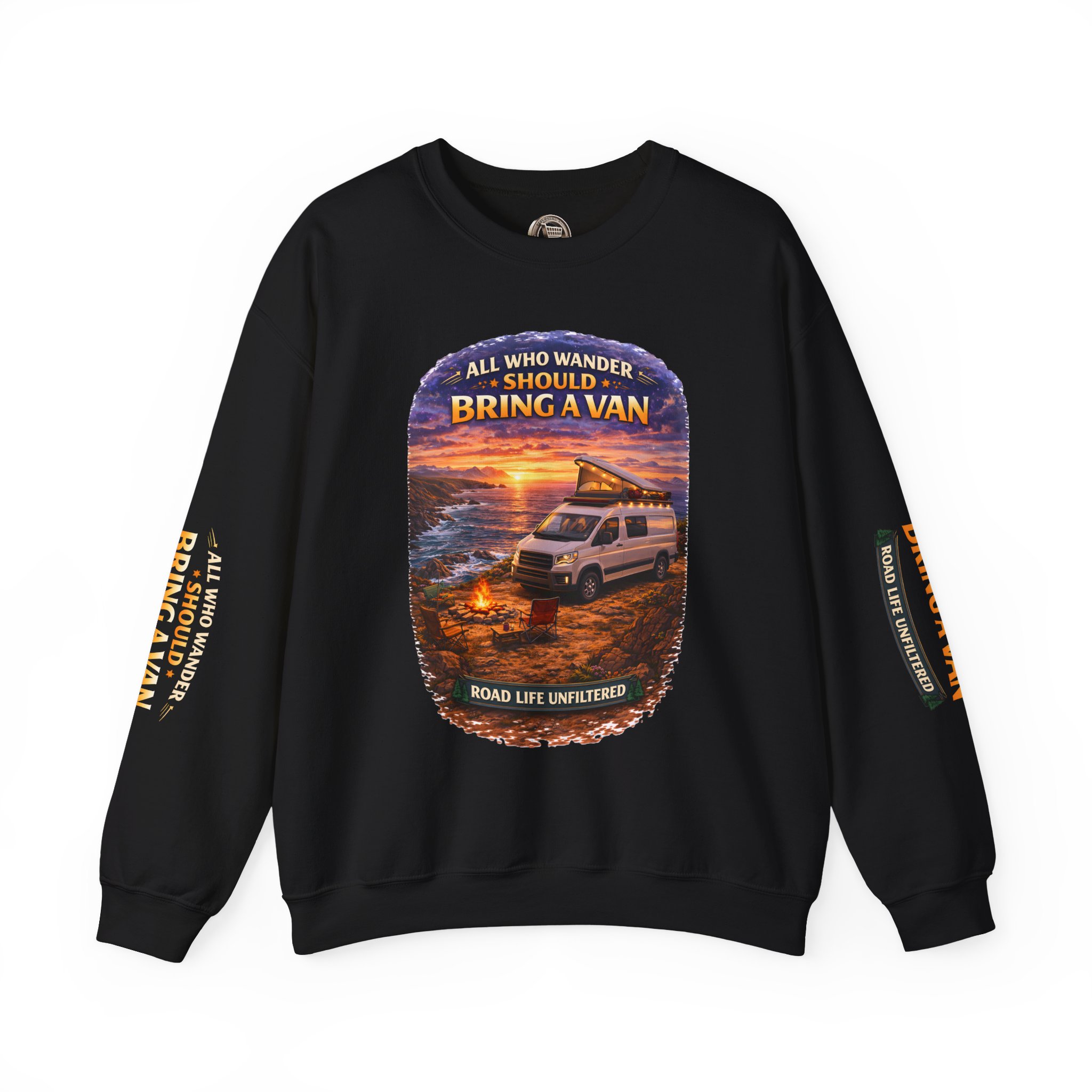 Unisex Heavy Blend™ Crewneck Sweatshirt — "All Who wander Should Bring A Van" Design Scenic-Line