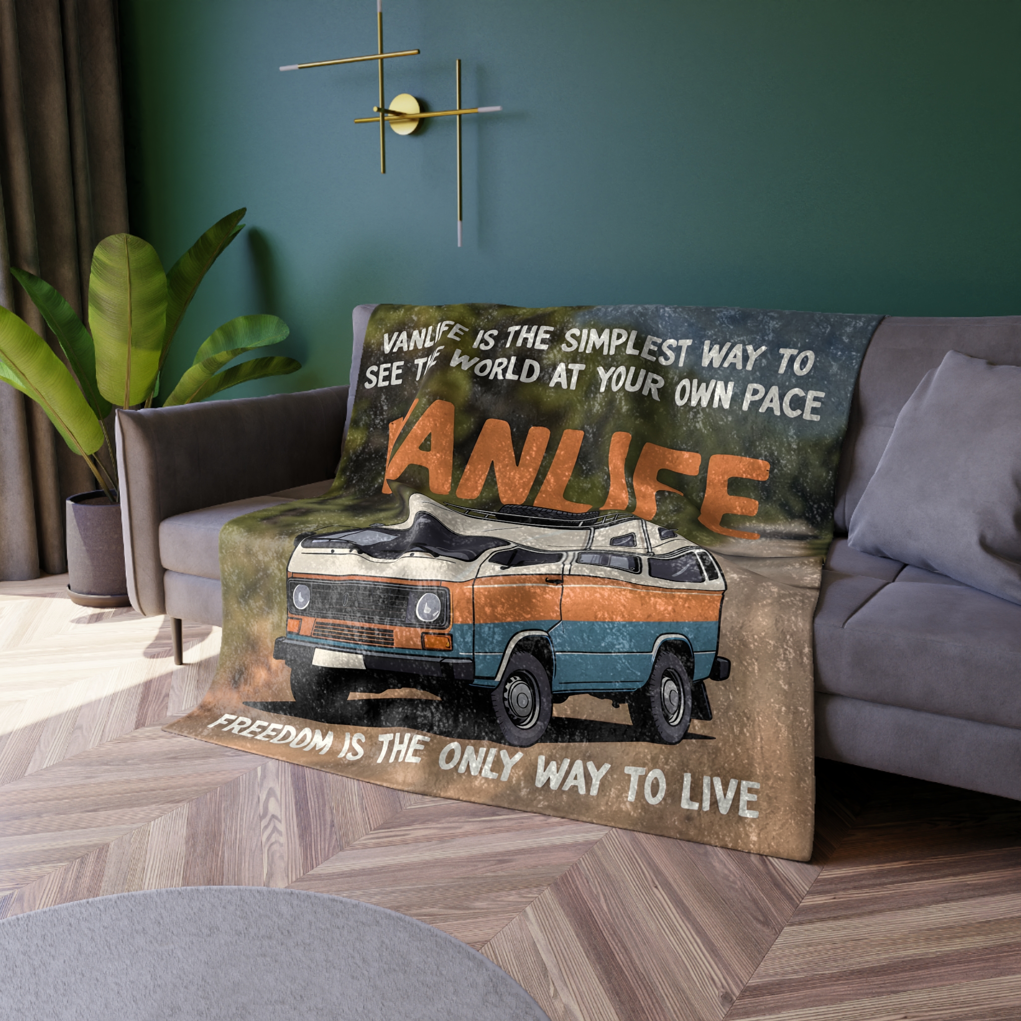 Crushed Velvet Blanket — "Vanlife freedom is the only way to live" Retro Camper Quote
