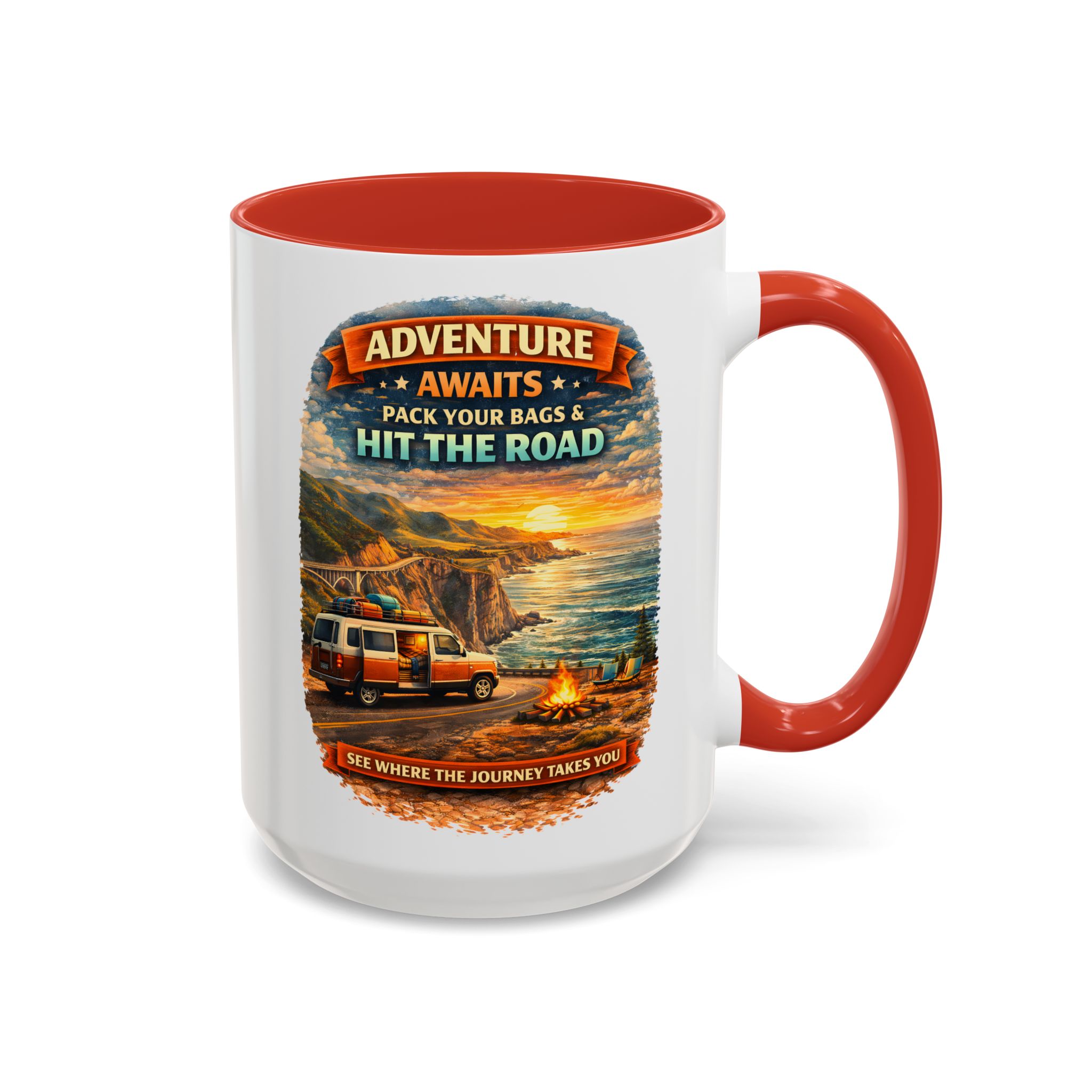Accent Coffee Mug (11, 15oz) — "Adventure Awaits-Pack Your Bags" Design Scenic-Line